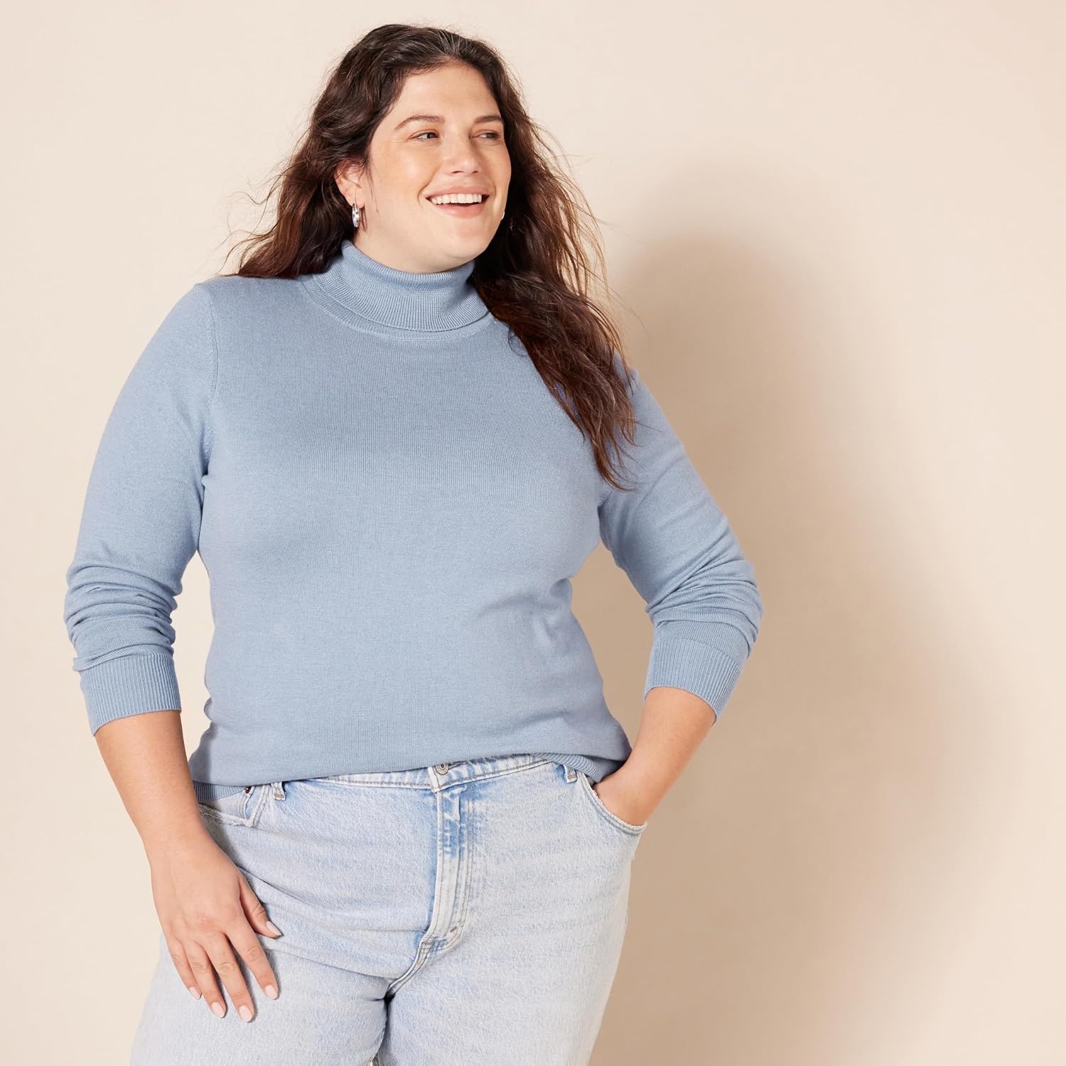 image:imageAmazon Essentials Womens ClassicFit Lightweight LongSleeve Turtleneck SweaterLight Indigo Heather