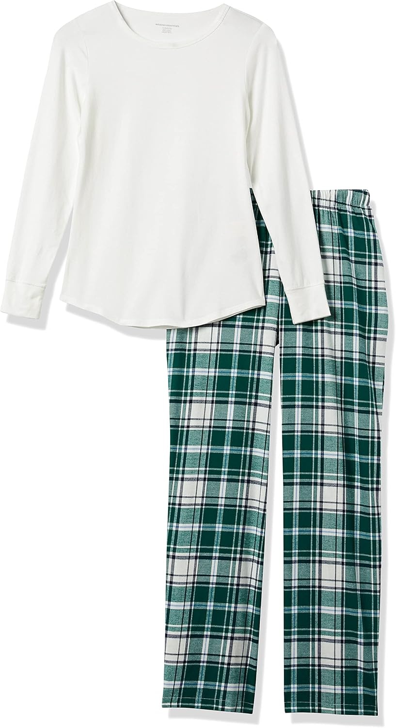 image:imageAmazon Essentials Womens Lightweight Soft Flannel Trouser and LongSleeve TShirt Sleep Set Lounge Bottoms Salmon PinkGreen White Clay Plaid
