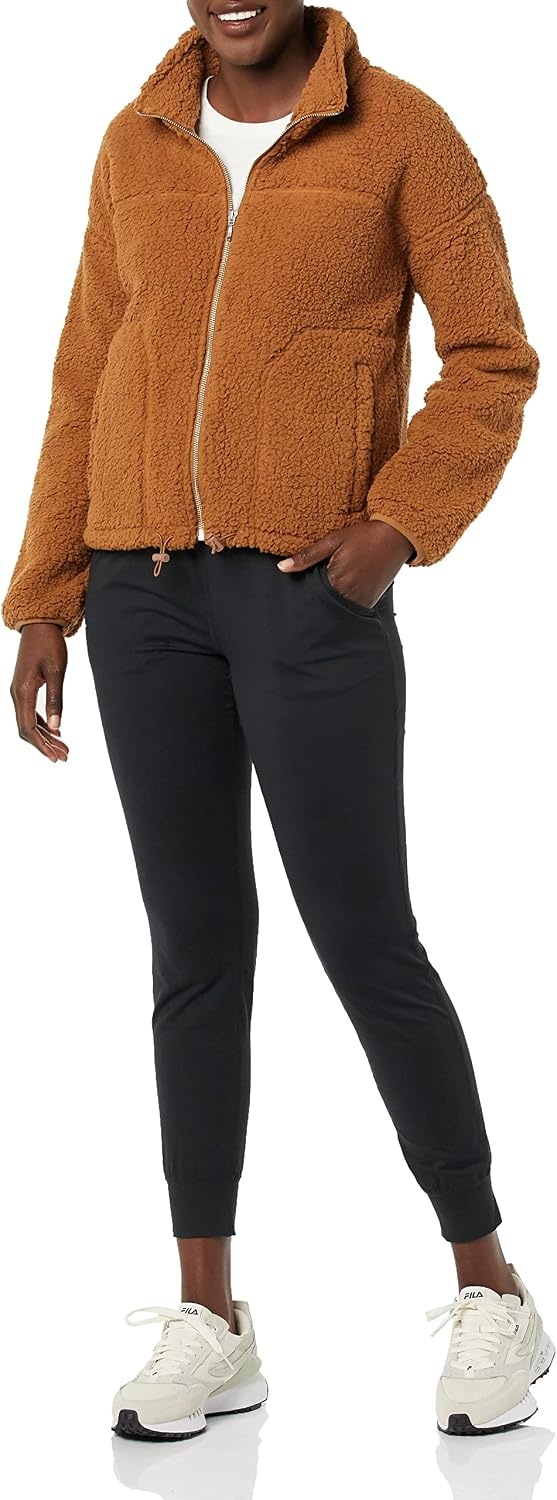 image:imageAmazon Essentials Womens Long Sleeve Fleece ZipUp Sherpa Lined Jacket with Stand NeckDark Tan
