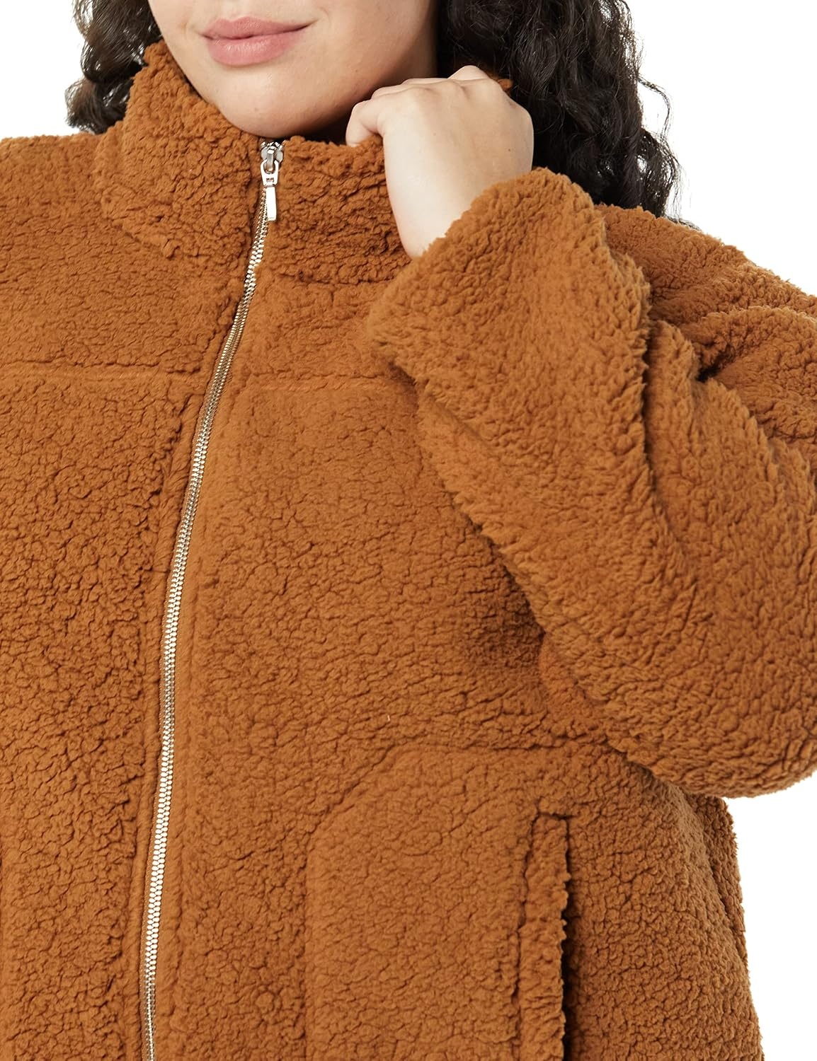 image:imageAmazon Essentials Womens Long Sleeve Fleece ZipUp Sherpa Lined Jacket with Stand NeckDark Tan