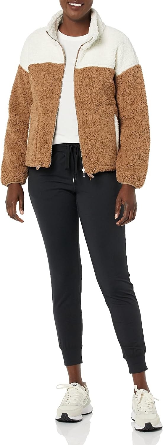 image:imageAmazon Essentials Womens Long Sleeve Fleece ZipUp Sherpa Lined Jacket with Stand NeckIvory Tan Shearling