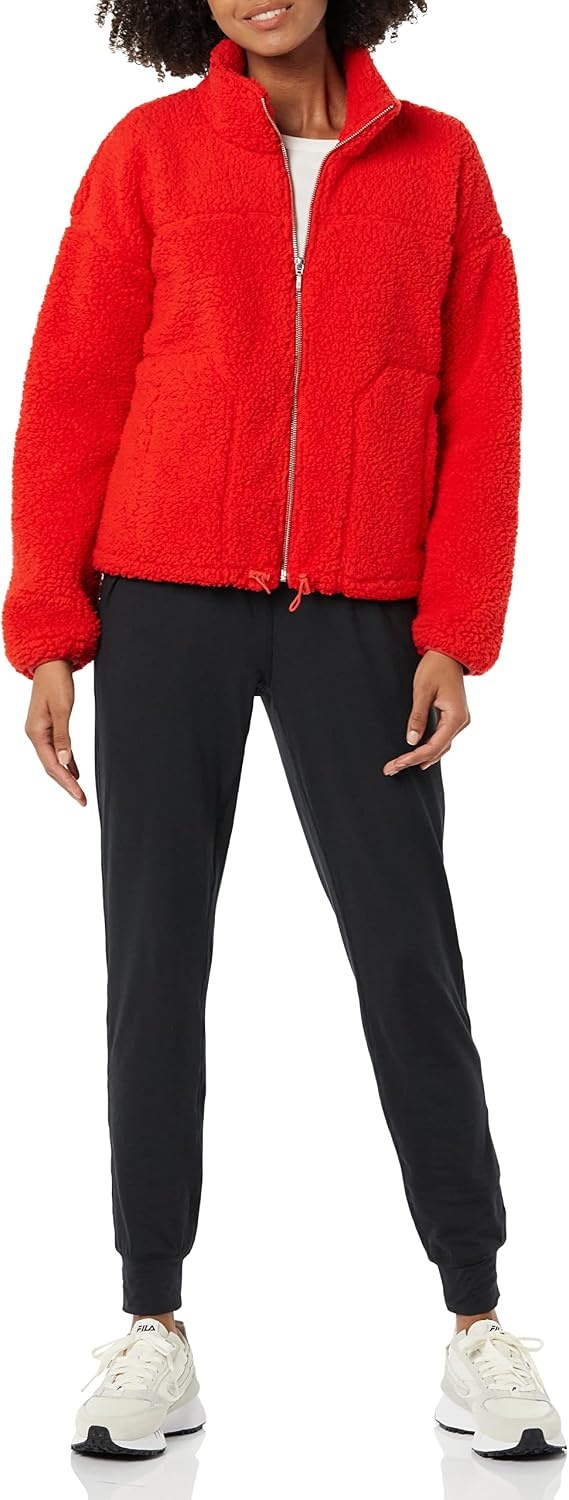 image:imageAmazon Essentials Womens Long Sleeve Fleece ZipUp Sherpa Lined Jacket with Stand NeckPoppy Red