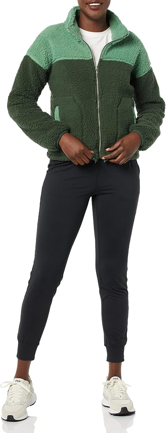 image:imageAmazon Essentials Womens Long Sleeve Fleece ZipUp Sherpa Lined Jacket with Stand NeckSage GreenDark Green Colorblock