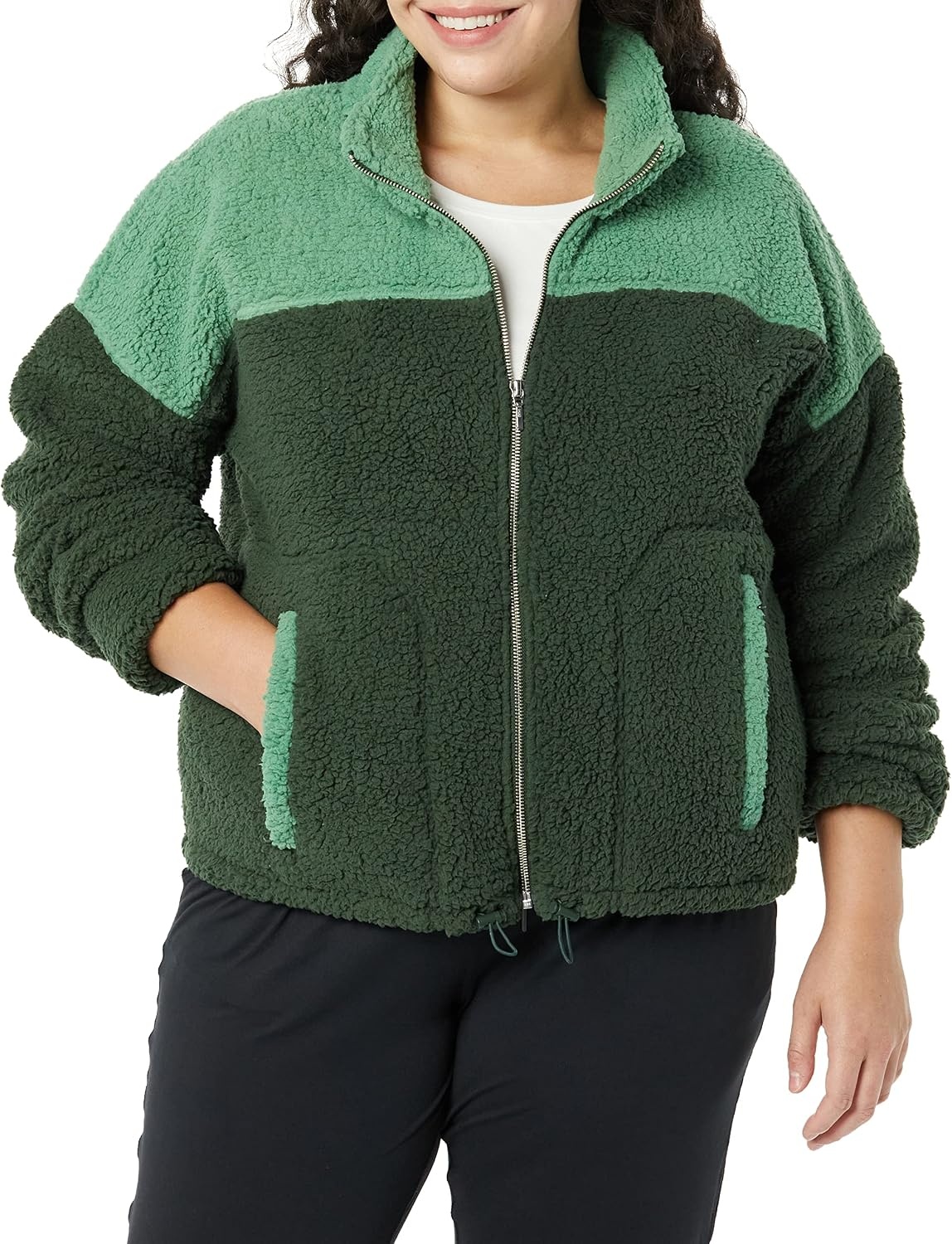 image:imageAmazon Essentials Womens Long Sleeve Fleece ZipUp Sherpa Lined Jacket with Stand NeckSage GreenDark Green Colorblock