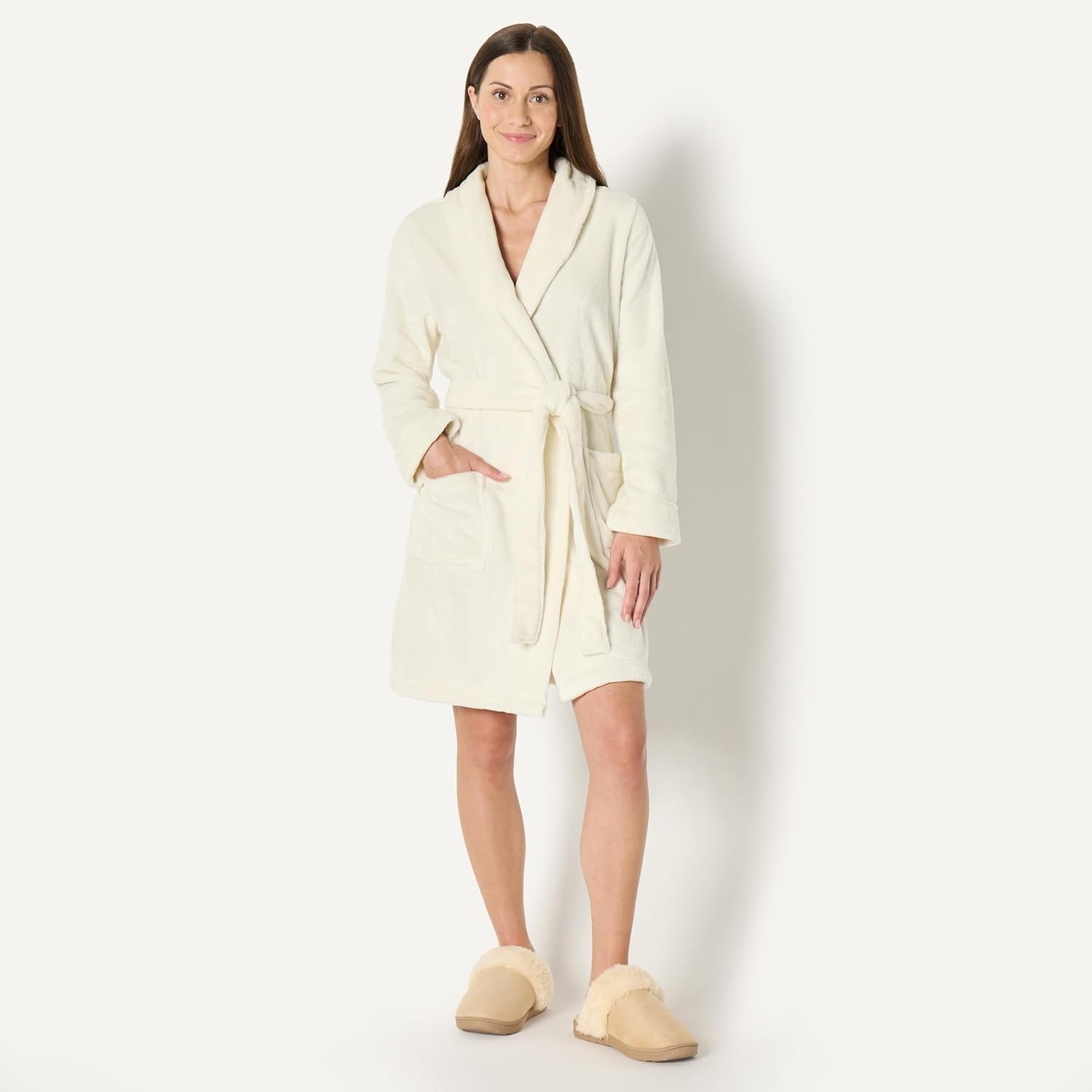 image:imageAmazon Essentials Womens MidLength Plush Bath Robe Loungewear Available in Plus SizeCream