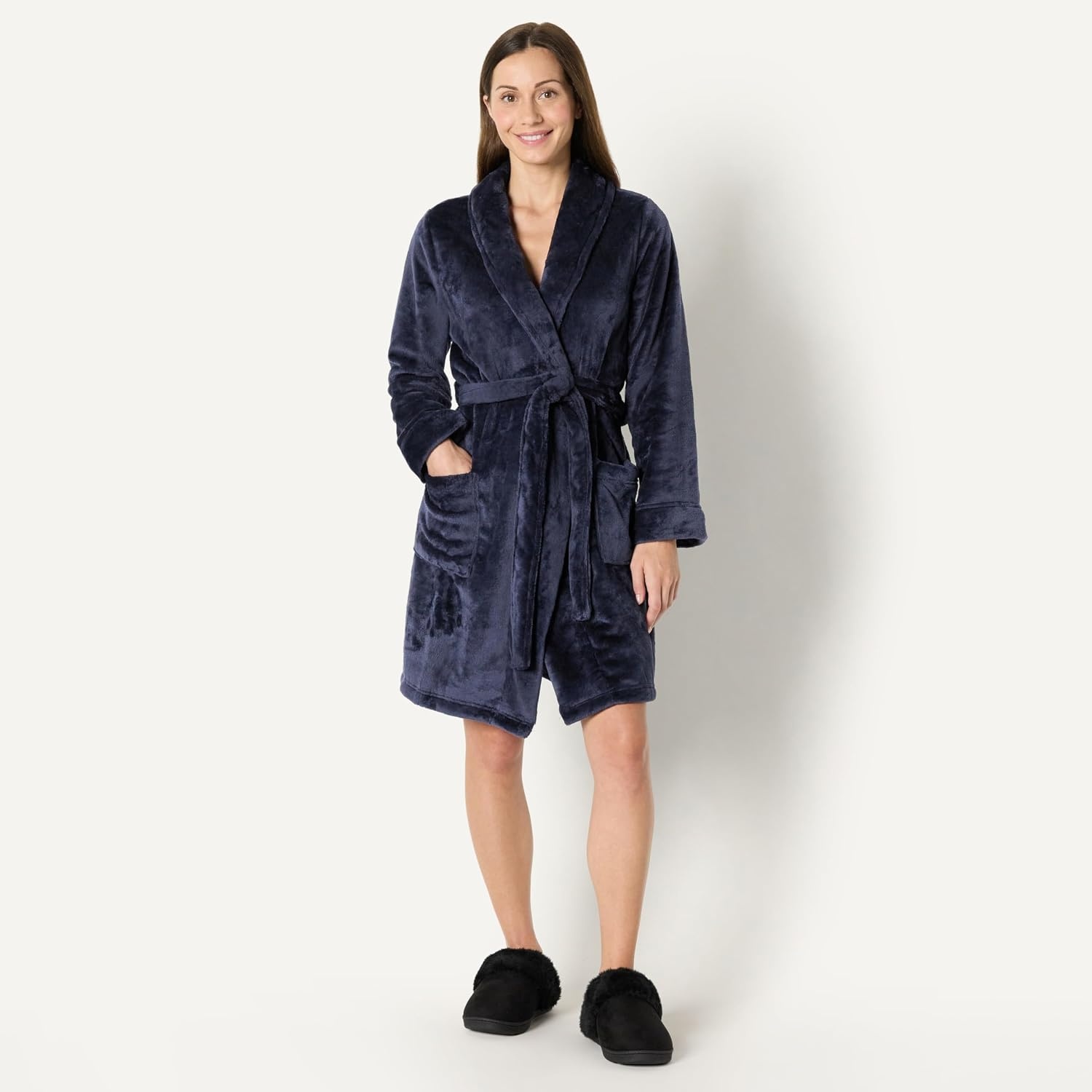 image:imageAmazon Essentials Womens MidLength Plush Bath Robe Loungewear Available in Plus SizeTrue Navy
