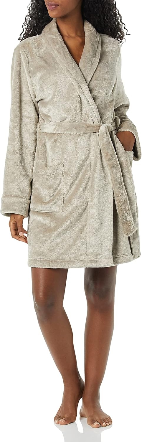 image:imageAmazon Essentials Womens MidLength Plush Bath Robe Loungewear Available in Plus SizeWarm Grey