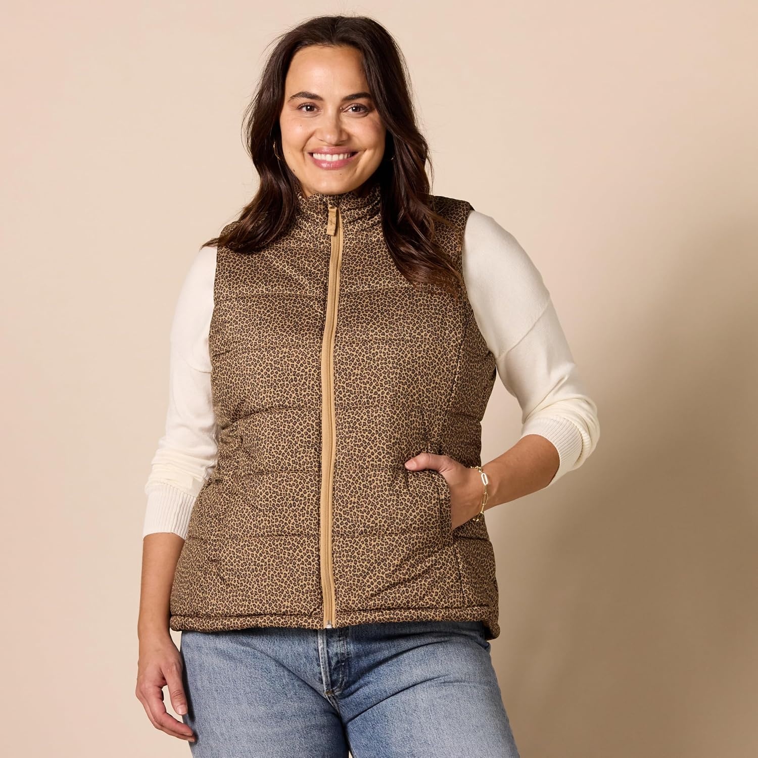 image:imageAmazon Essentials Womens MidWeight Puffer VestOlive Cheetah
