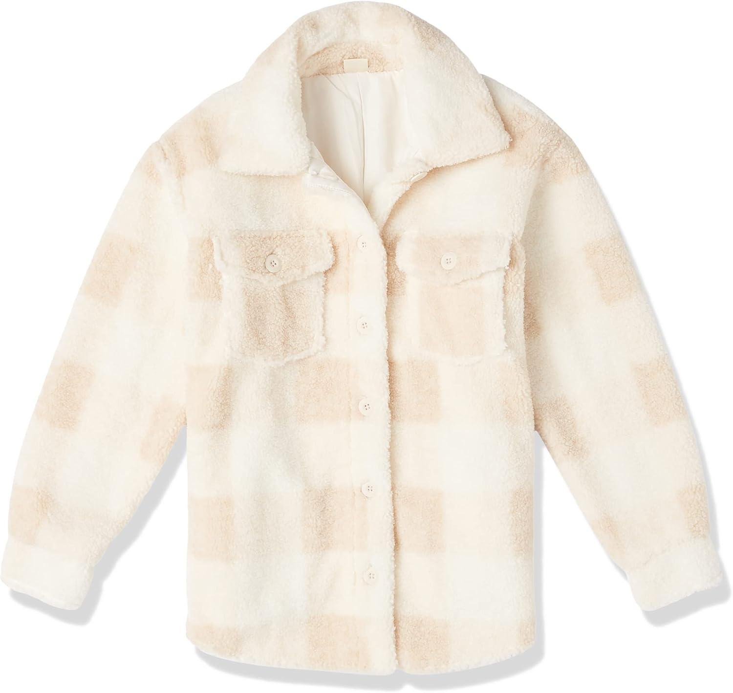 image:imageAmazon Essentials Womens Oversized Teddy Sherpa Shirt Jacket Previously GoodthreadsBeige Ivory Buffalo Plaid