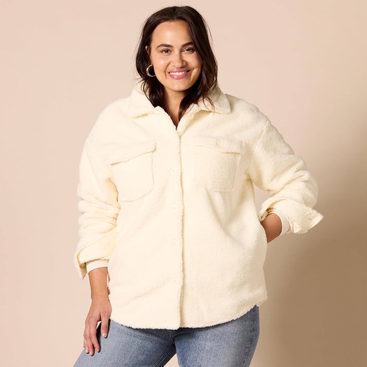 image:imageAmazon Essentials Womens Oversized Teddy Sherpa Shirt Jacket Previously GoodthreadsCream