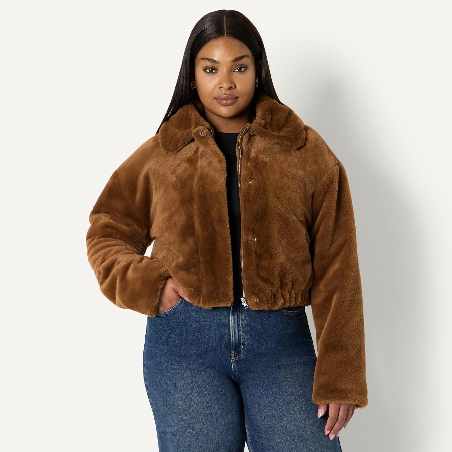 image:imageAmazon Essentials Womens OversizedFit Cropped Faux Fur Jacket with CollarBrown