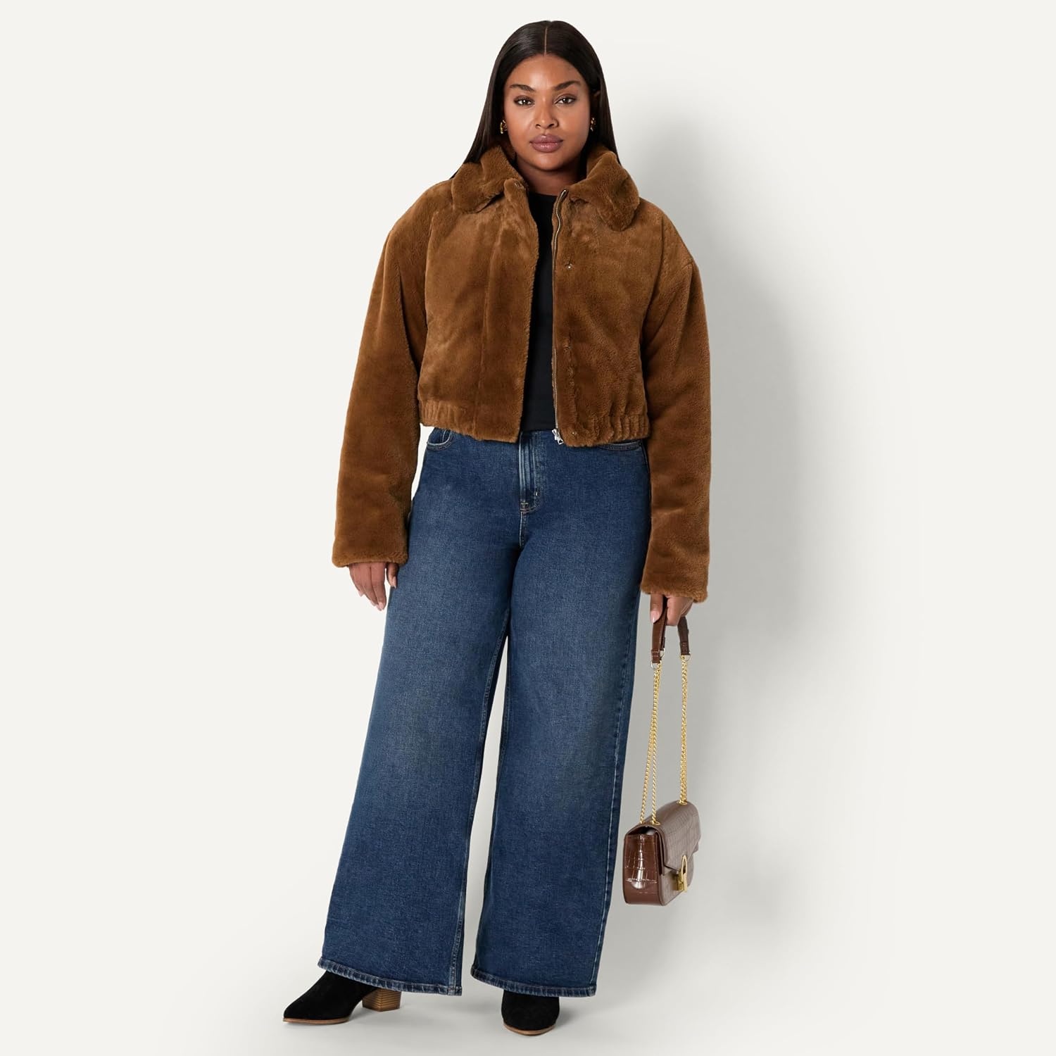 image:imageAmazon Essentials Womens OversizedFit Cropped Faux Fur Jacket with CollarBrown