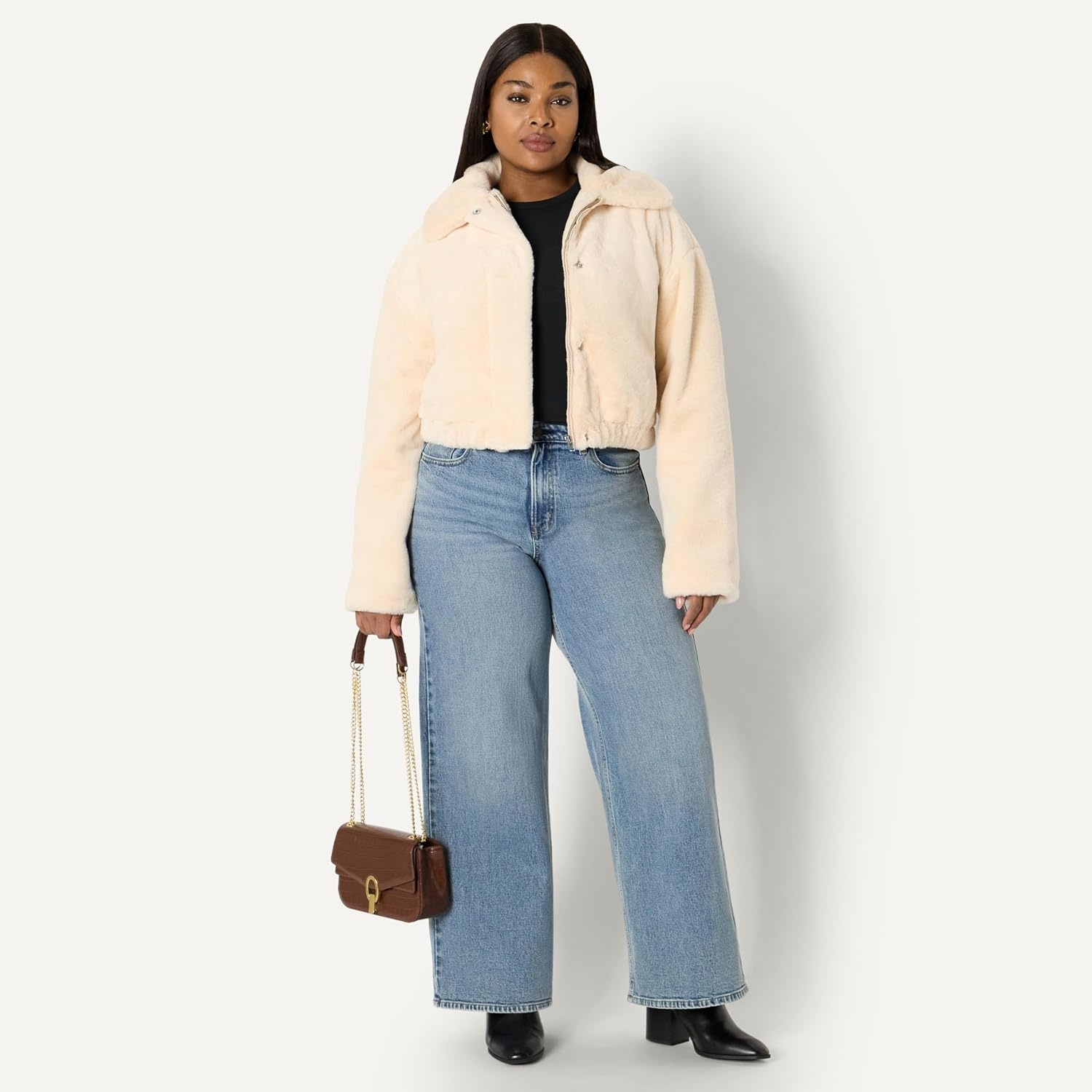 image:imageAmazon Essentials Womens OversizedFit Cropped Faux Fur Jacket with CollarCream