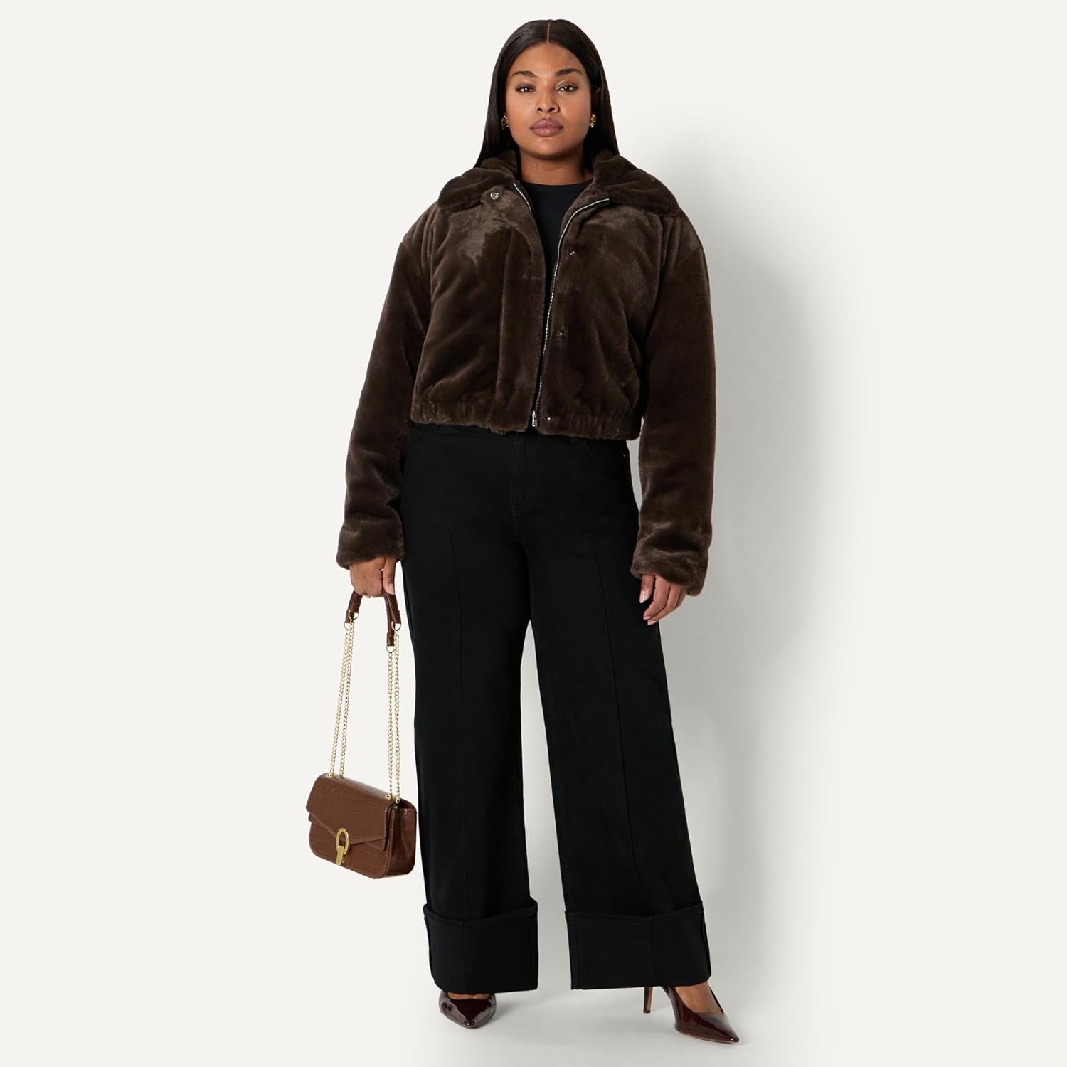 image:imageAmazon Essentials Womens OversizedFit Cropped Faux Fur Jacket with CollarDark Brown