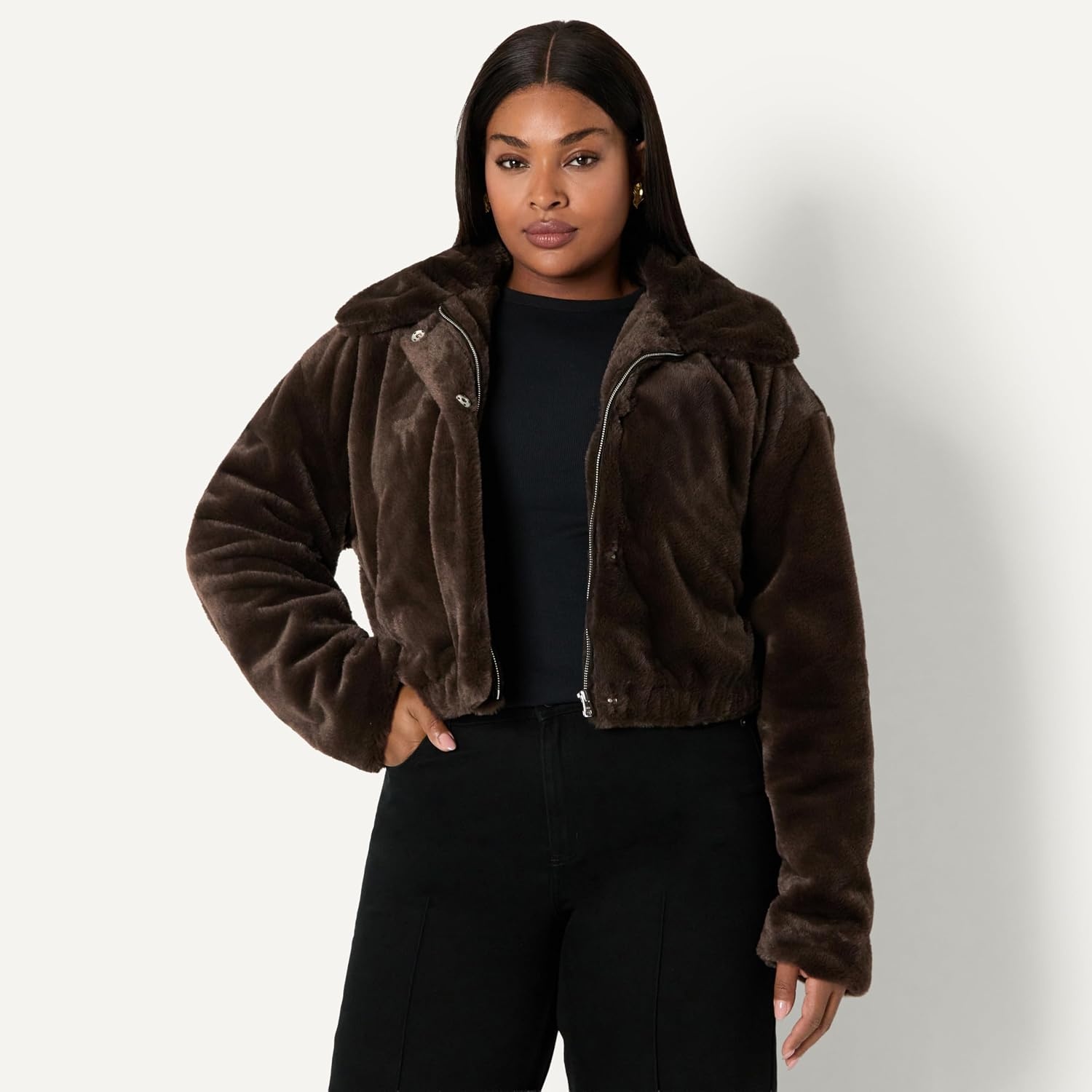 image:imageAmazon Essentials Womens OversizedFit Cropped Faux Fur Jacket with CollarDark Brown