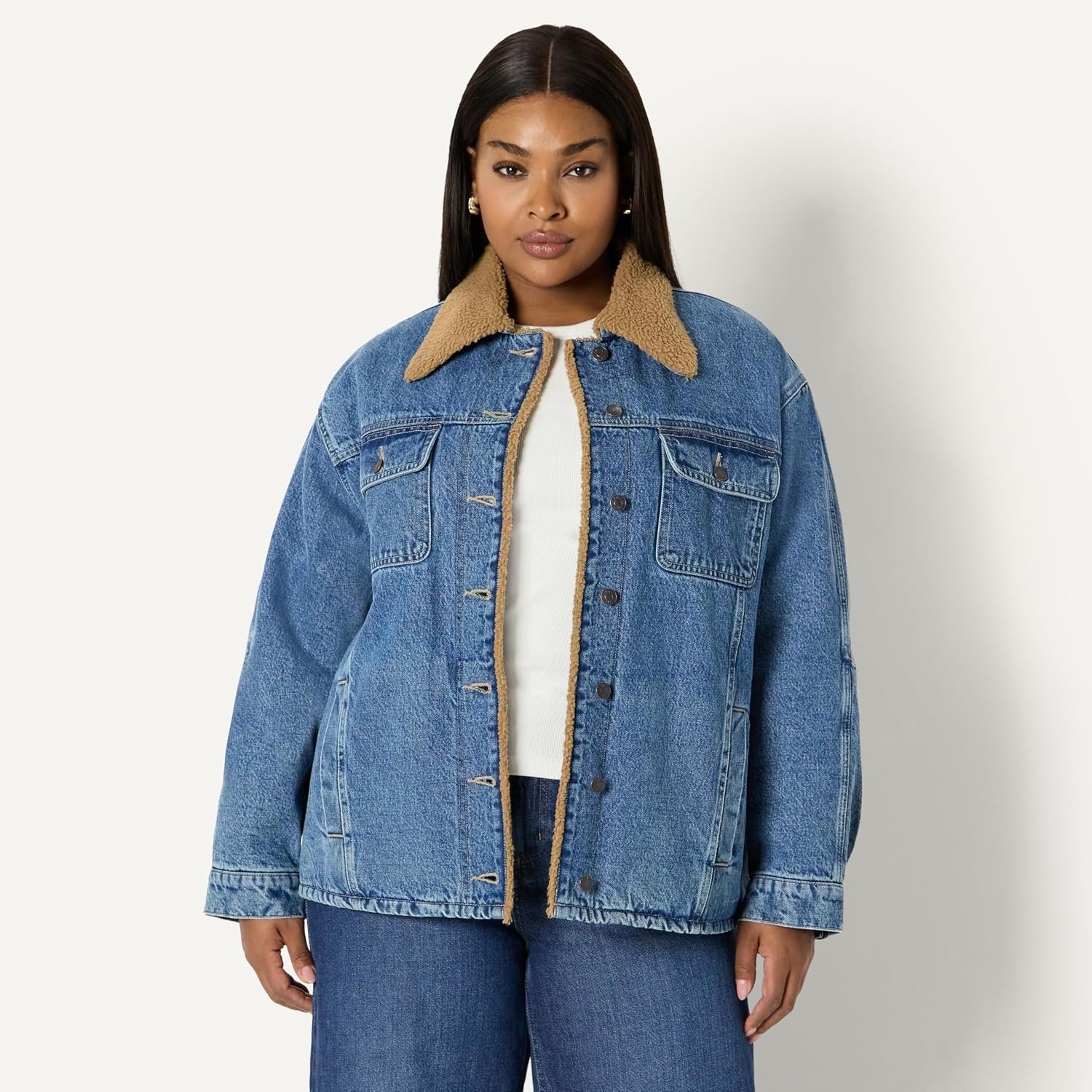 image:imageAmazon Essentials Womens OversizedFit Denim Jacket with Faux Shearling Collar and Lining HeavyweightMedium Blue Vintage