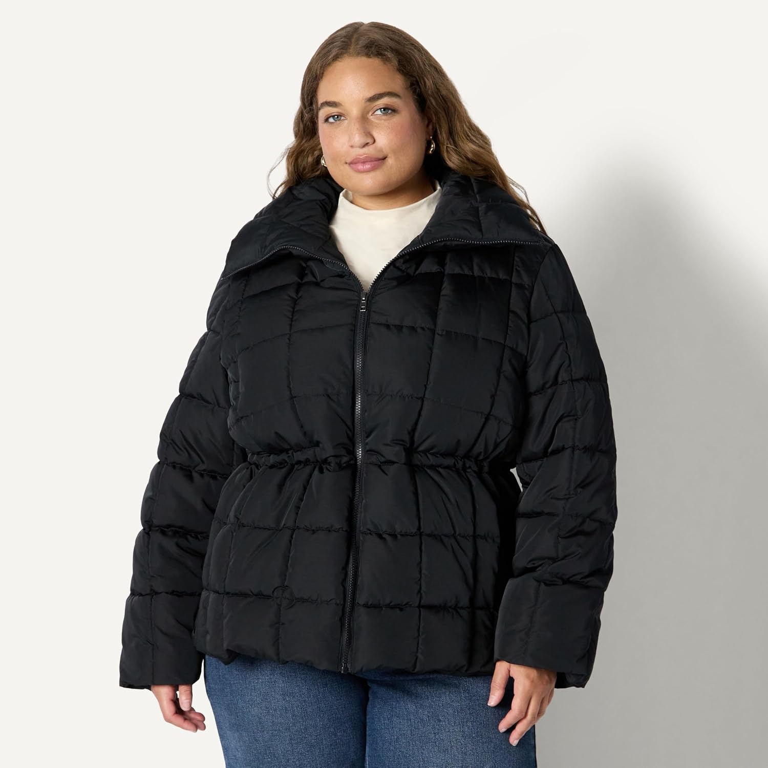 image:imageAmazon Essentials Womens OversizedFit Square Quilted Puffer Jacket with Adjustable Waist Zip Front Side PocketsBlack
