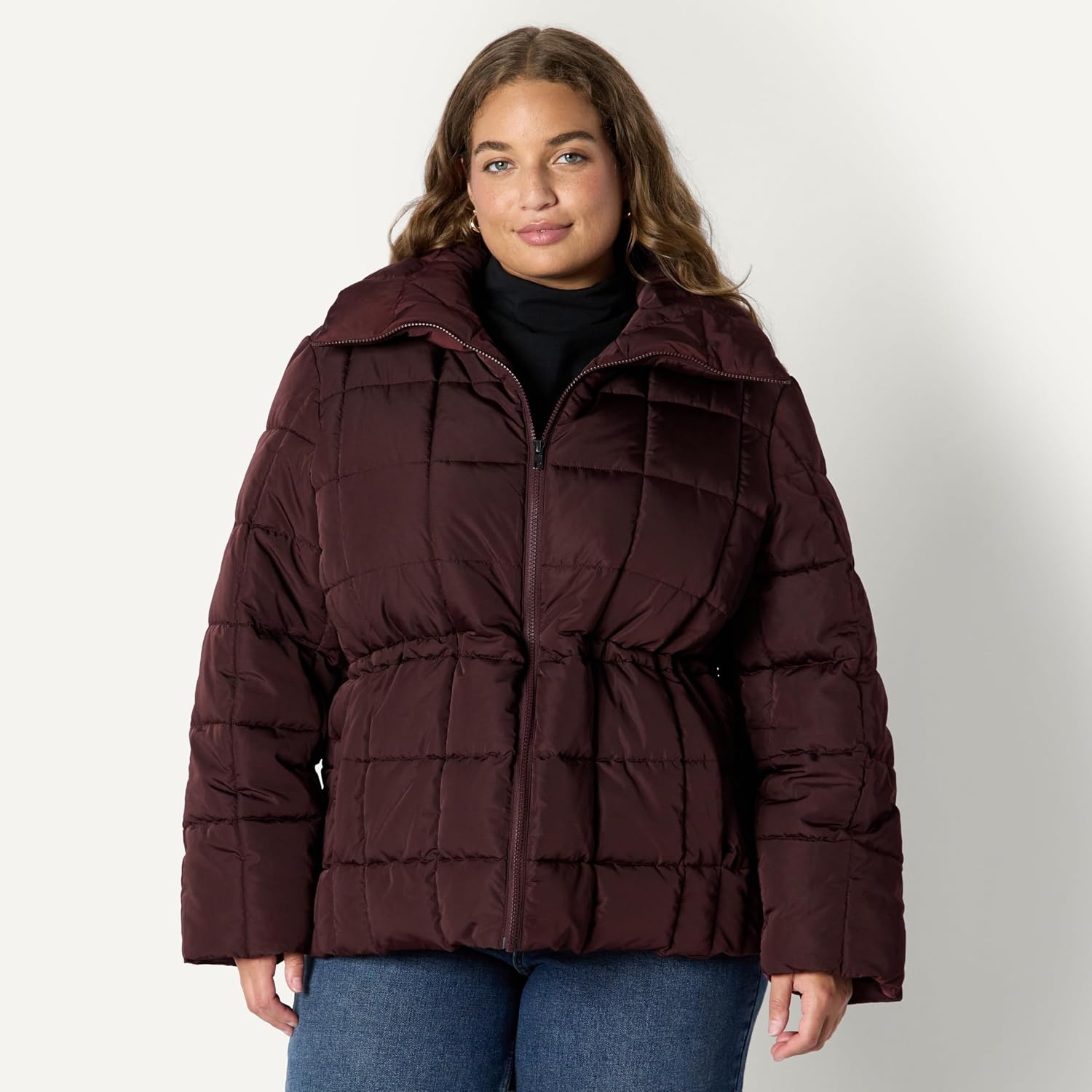 image:imageAmazon Essentials Womens OversizedFit Square Quilted Puffer Jacket with Adjustable Waist Zip Front Side PocketsDark Maroon