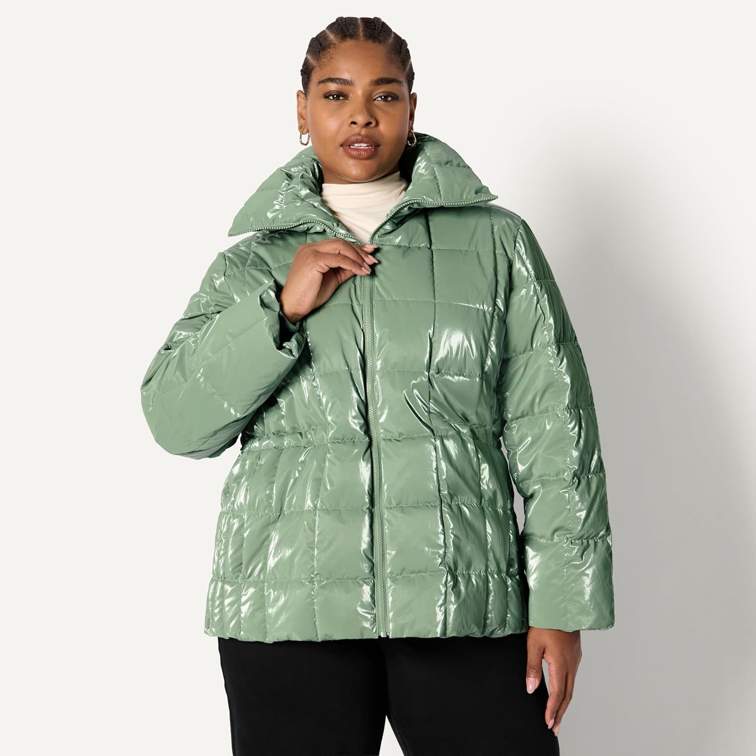 image:imageAmazon Essentials Womens OversizedFit Square Quilted Puffer Jacket with Adjustable Waist Zip Front Side PocketsDark Sage Green