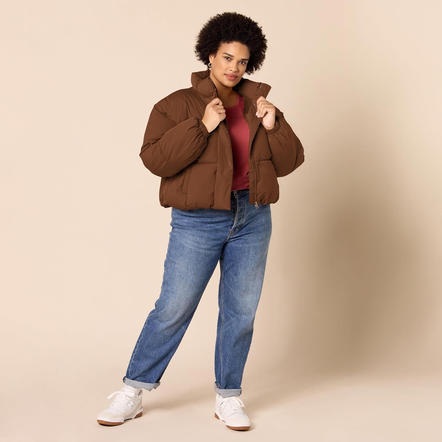 image:imageAmazon Essentials Womens Relaxed Fit Cropped FullZip Puffer Jacket with Snap Closure Quilted Matte or Sherpa FleeceDeep Brown