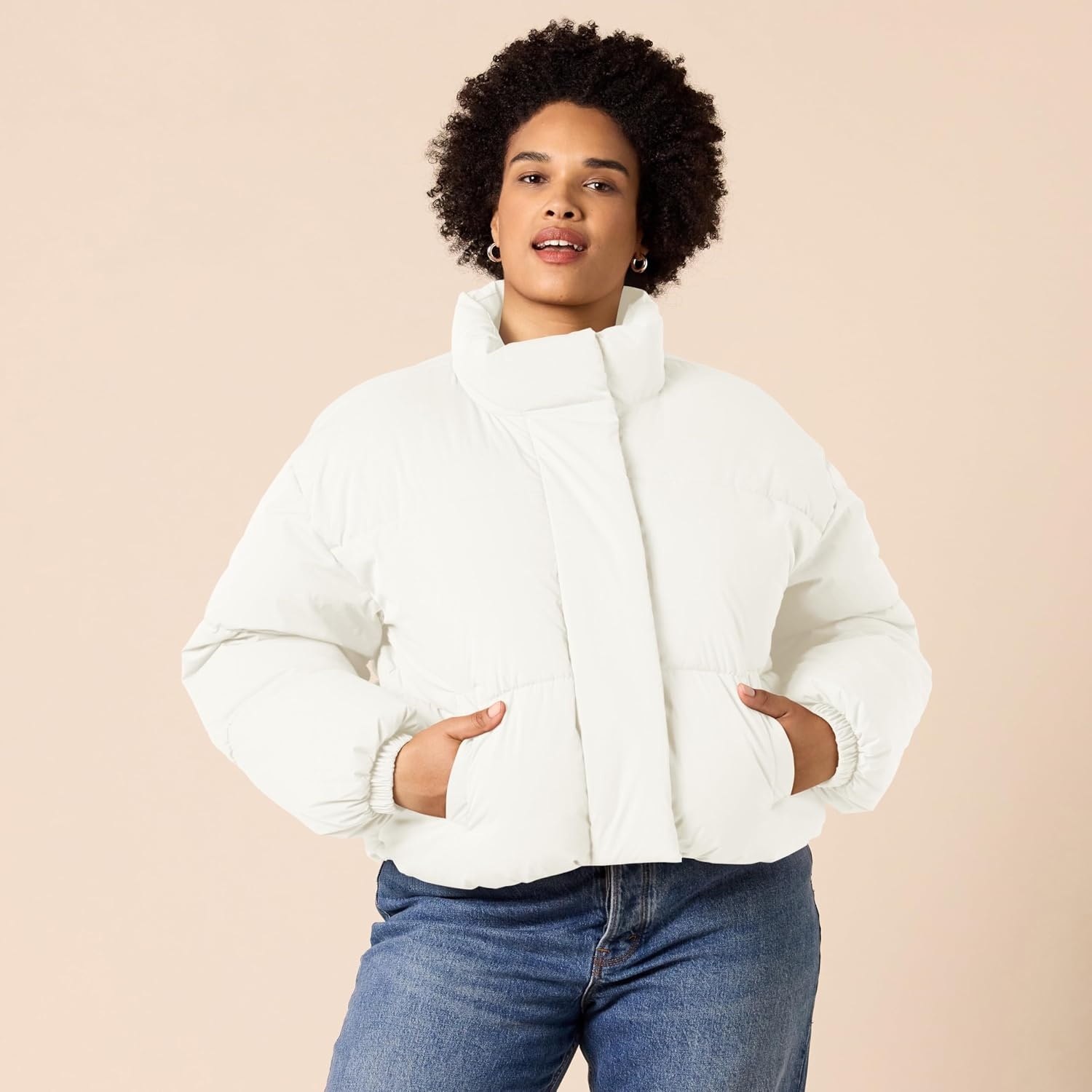 image:imageAmazon Essentials Womens Relaxed Fit Cropped FullZip Puffer Jacket with Snap Closure Quilted Matte or Sherpa FleeceEggshell White