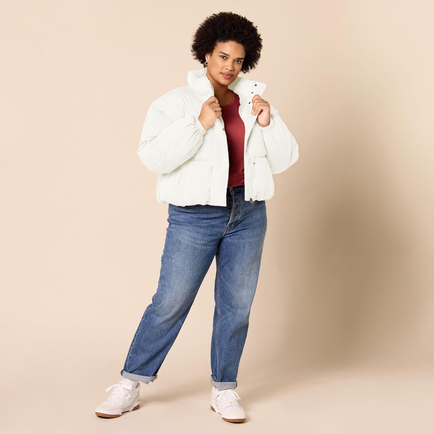 image:imageAmazon Essentials Womens Relaxed Fit Cropped FullZip Puffer Jacket with Snap Closure Quilted Matte or Sherpa FleeceEggshell White