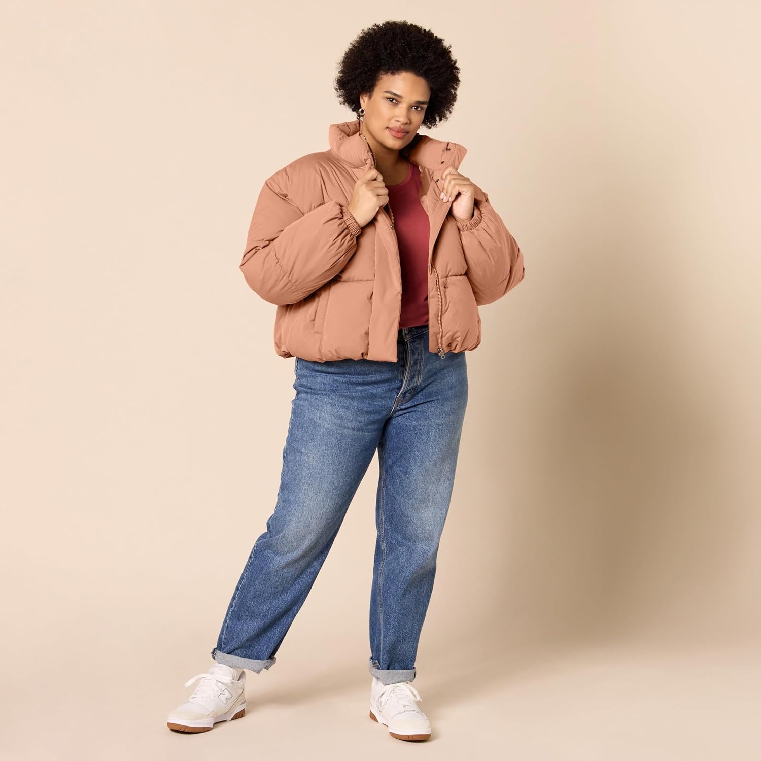 image:imageAmazon Essentials Womens Relaxed Fit Cropped FullZip Puffer Jacket with Snap Closure Quilted Matte or Sherpa FleeceLight Brown