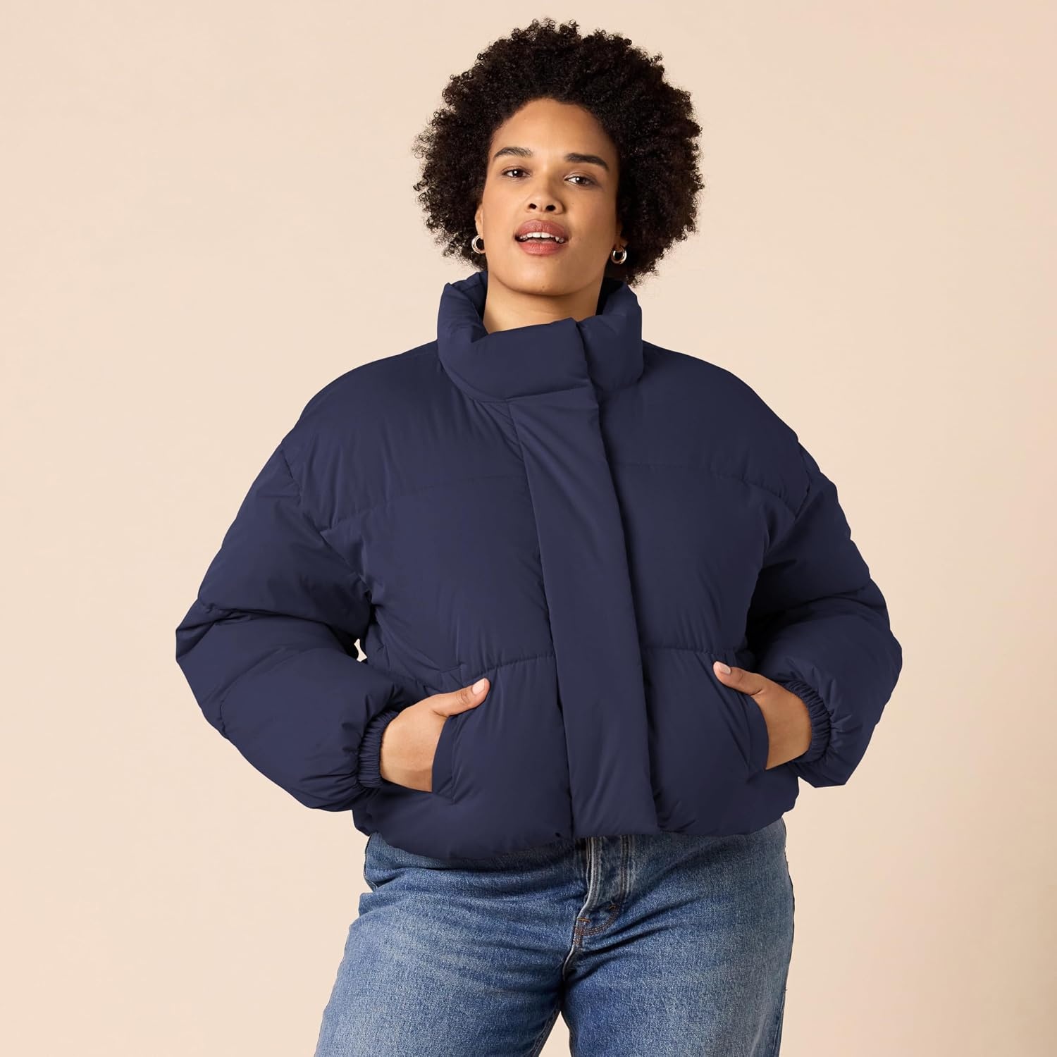 image:imageAmazon Essentials Womens Relaxed Fit Cropped FullZip Puffer Jacket with Snap Closure Quilted Matte or Sherpa FleeceNavy