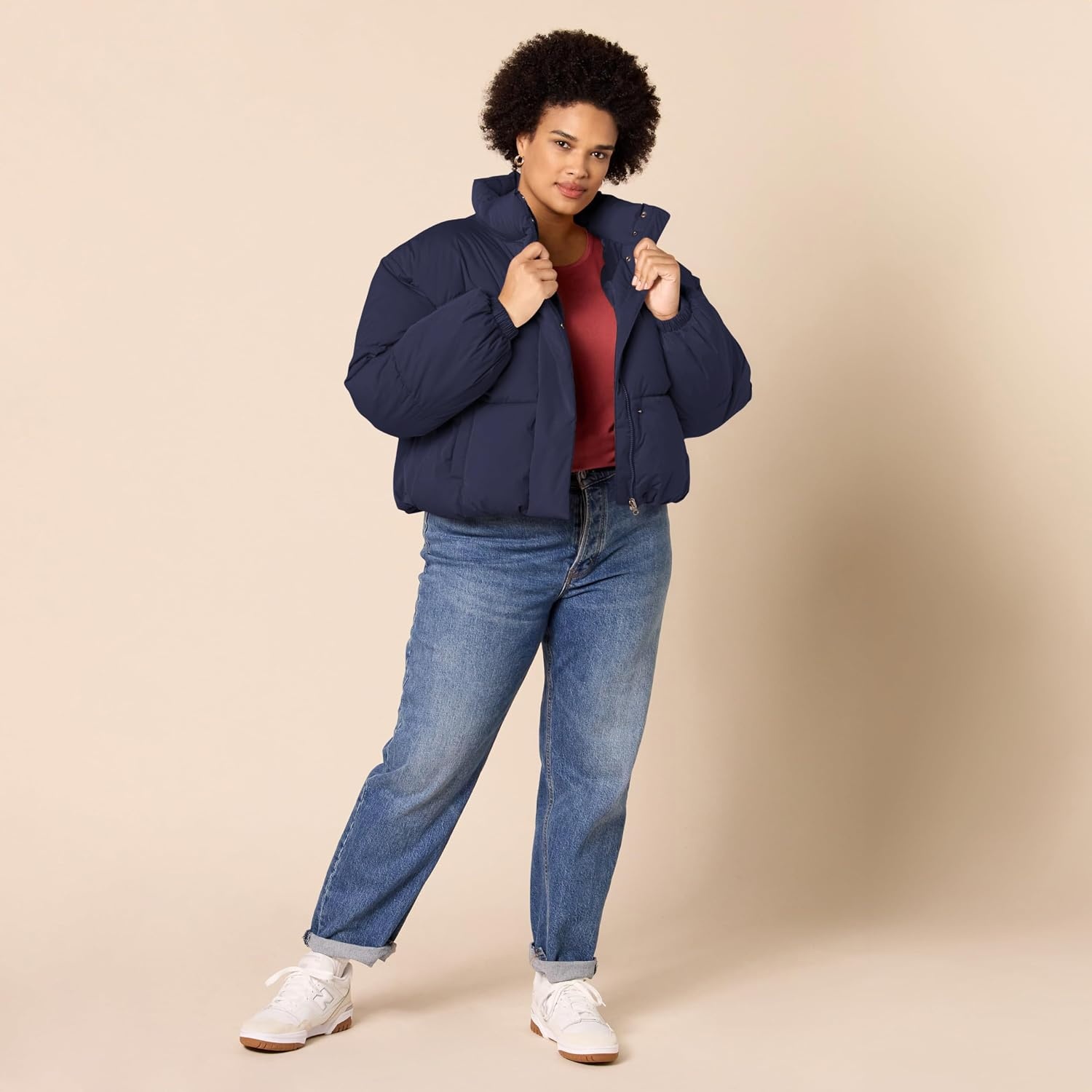 image:imageAmazon Essentials Womens Relaxed Fit Cropped FullZip Puffer Jacket with Snap Closure Quilted Matte or Sherpa FleeceNavy