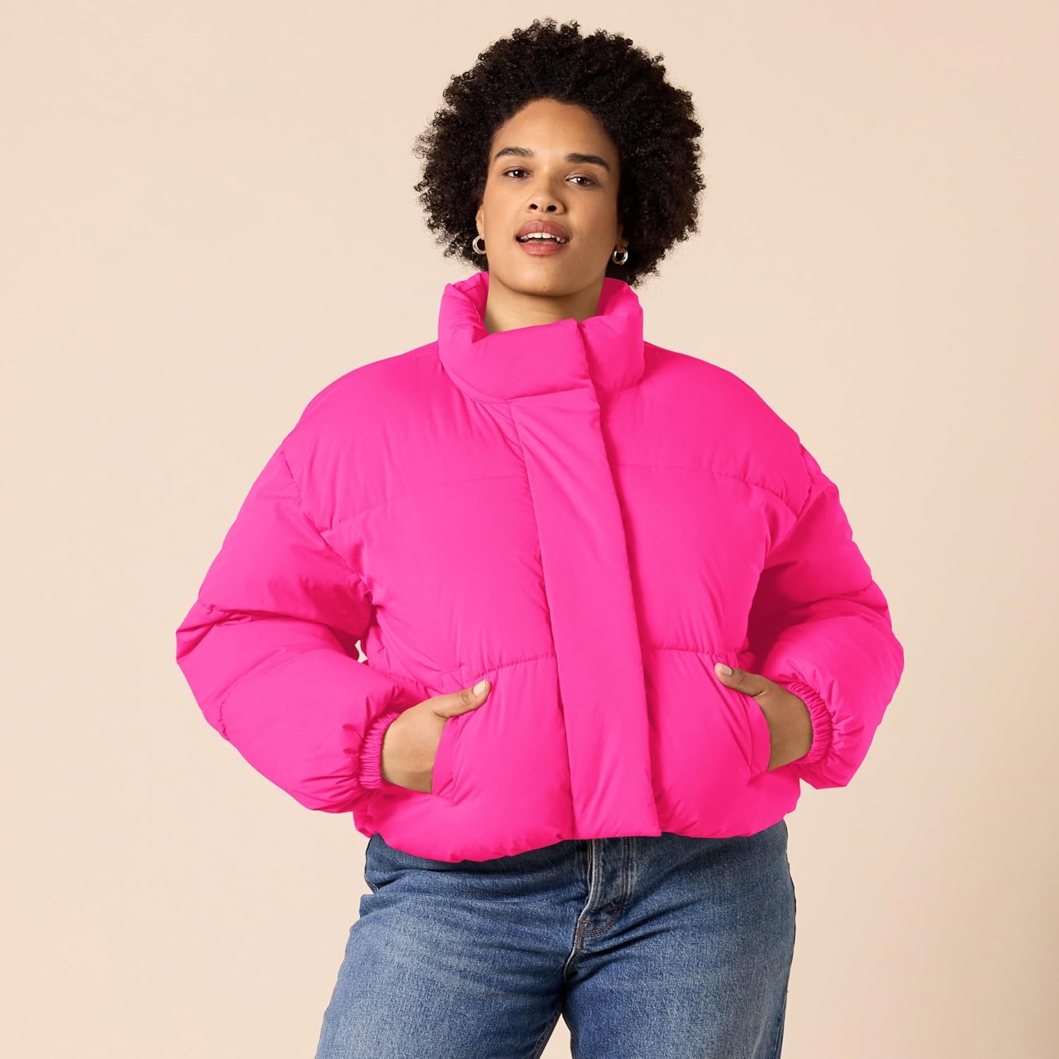 image:imageAmazon Essentials Womens Relaxed Fit Cropped FullZip Puffer Jacket with Snap Closure Quilted Matte or Sherpa FleeceNeon Pink