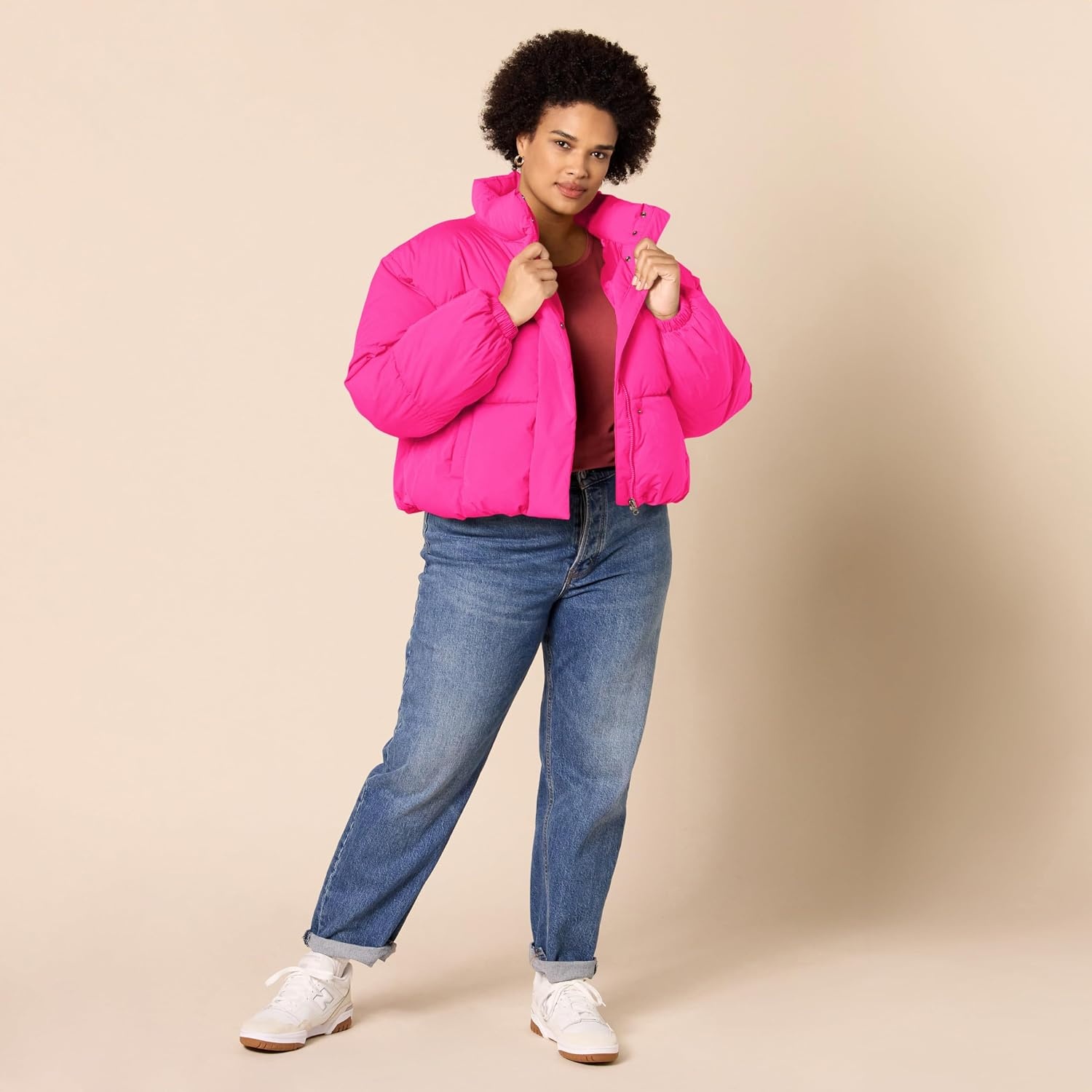 image:imageAmazon Essentials Womens Relaxed Fit Cropped FullZip Puffer Jacket with Snap Closure Quilted Matte or Sherpa FleeceNeon Pink