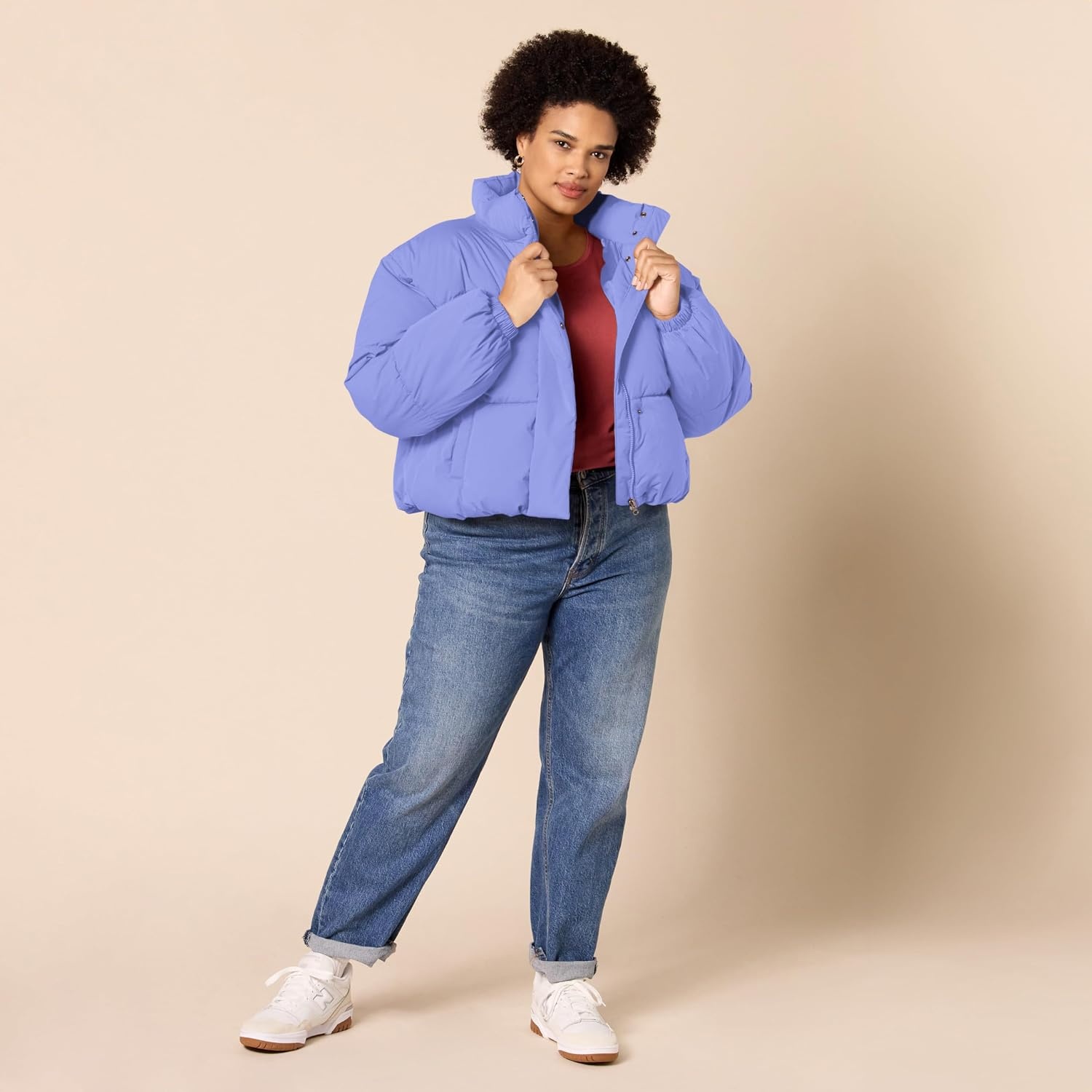 image:imageAmazon Essentials Womens Relaxed Fit Cropped FullZip Puffer Jacket with Snap Closure Quilted Matte or Sherpa FleecePurple Blue