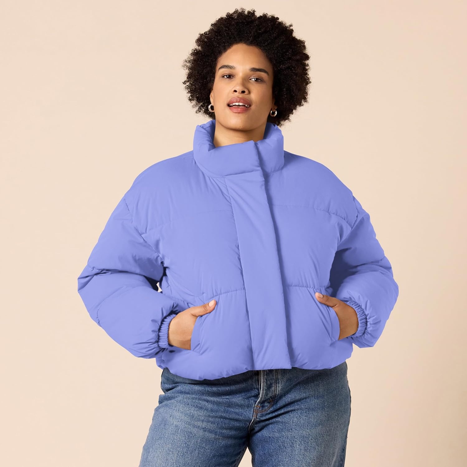 image:imageAmazon Essentials Womens Relaxed Fit Cropped FullZip Puffer Jacket with Snap Closure Quilted Matte or Sherpa FleecePurple Blue