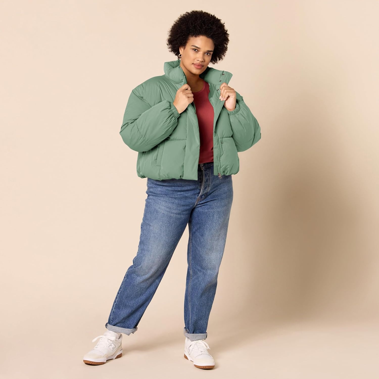 image:imageAmazon Essentials Womens Relaxed Fit Cropped FullZip Puffer Jacket with Snap Closure Quilted Matte or Sherpa FleeceSage Green