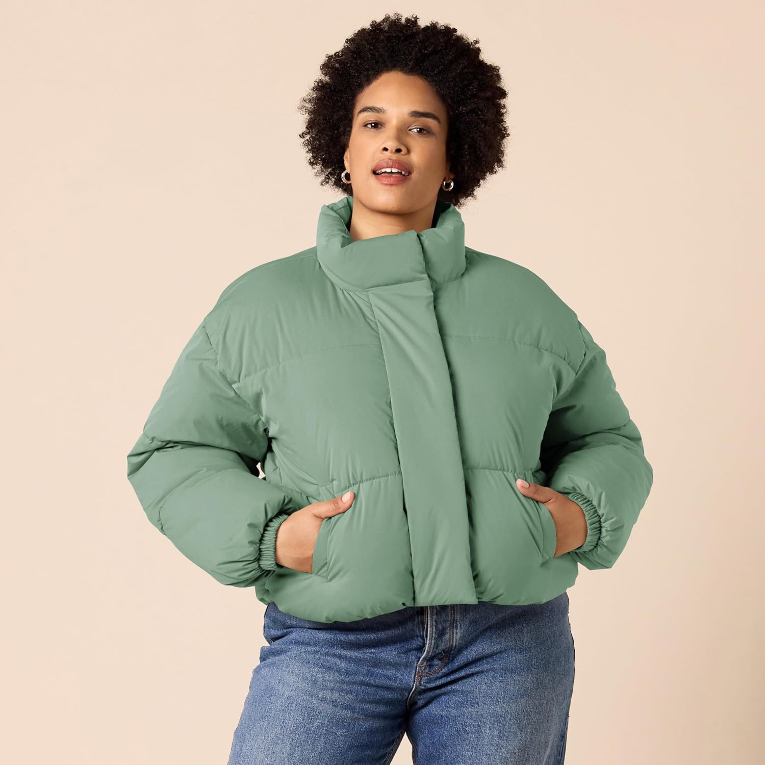 image:imageAmazon Essentials Womens Relaxed Fit Cropped FullZip Puffer Jacket with Snap Closure Quilted Matte or Sherpa FleeceSage Green