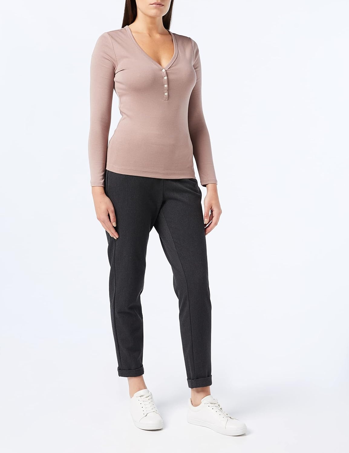 image:imageAmazon Essentials Womens Ribbed Knit Long Sleeve Henley Slim Fit TShirtDark Taupe