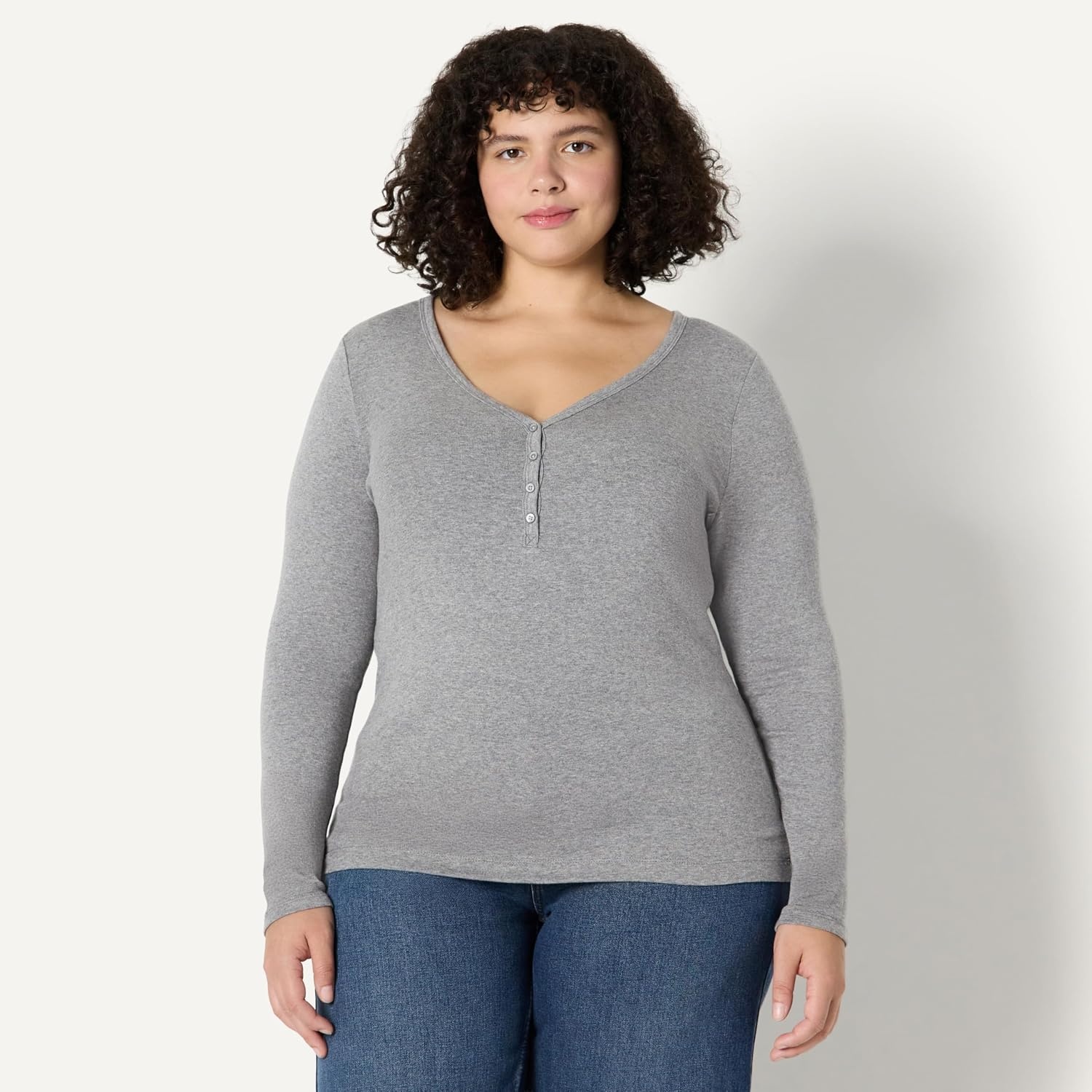 image:imageAmazon Essentials Womens Ribbed Knit Long Sleeve Henley Slim Fit TShirtGrey Heather