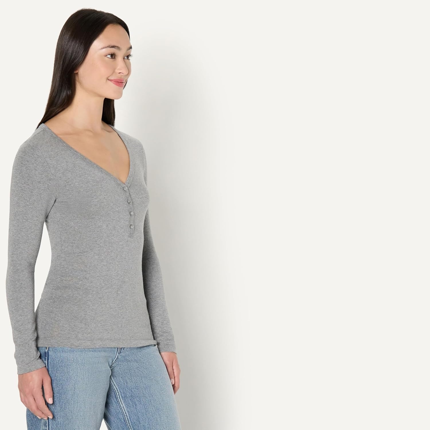 image:imageAmazon Essentials Womens Ribbed Knit Long Sleeve Henley Slim Fit TShirtGrey Heather