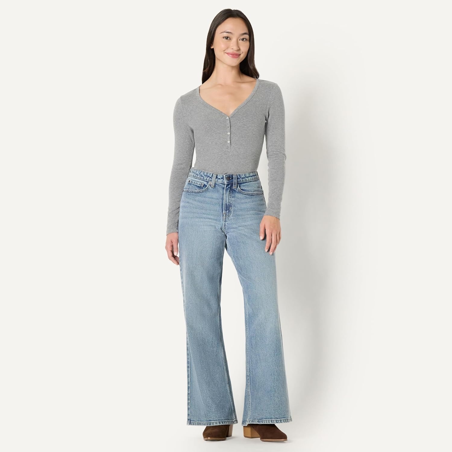 image:imageAmazon Essentials Womens Ribbed Knit Long Sleeve Henley Slim Fit TShirtGrey Heather