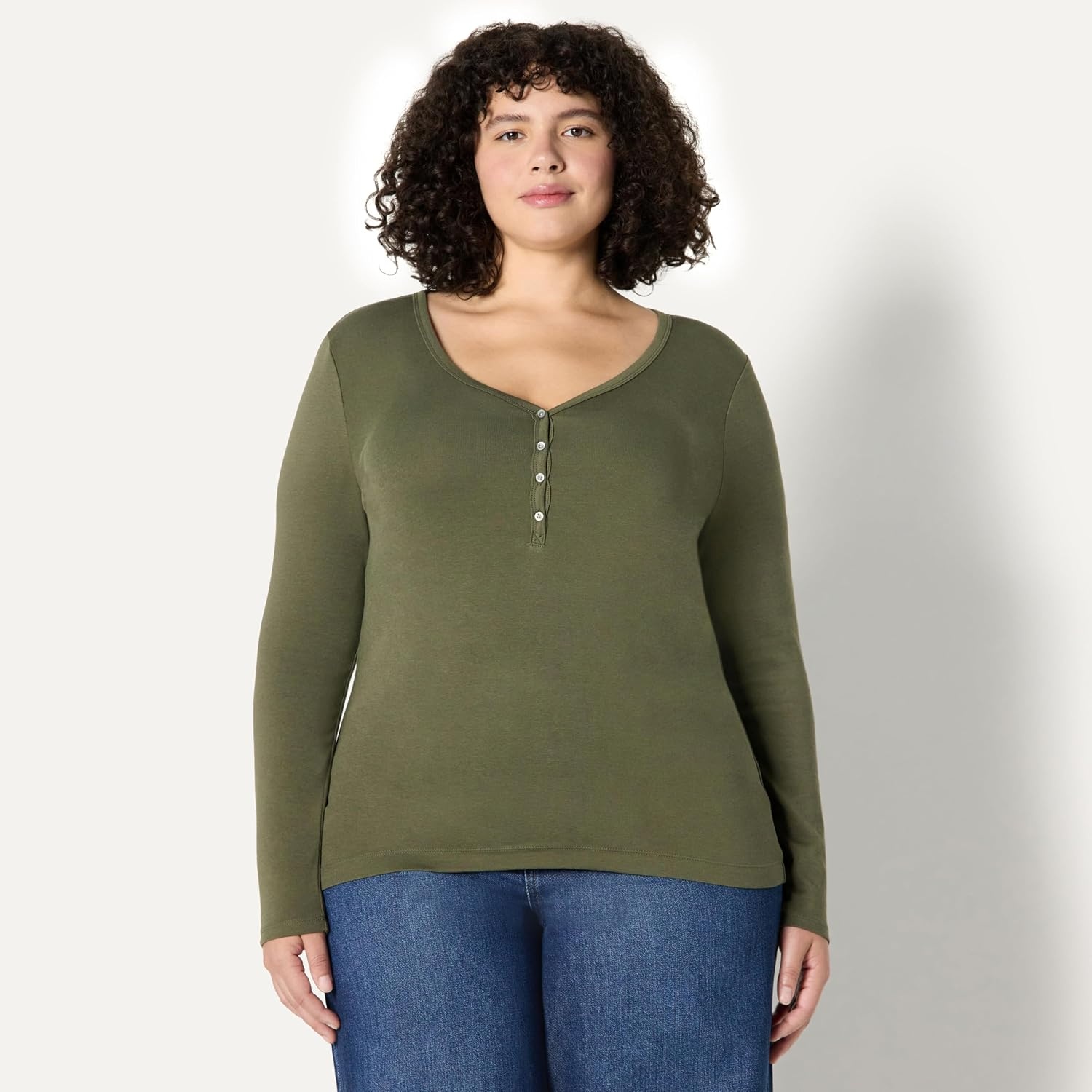 image:imageAmazon Essentials Womens Ribbed Knit Long Sleeve Henley Slim Fit TShirtOlive