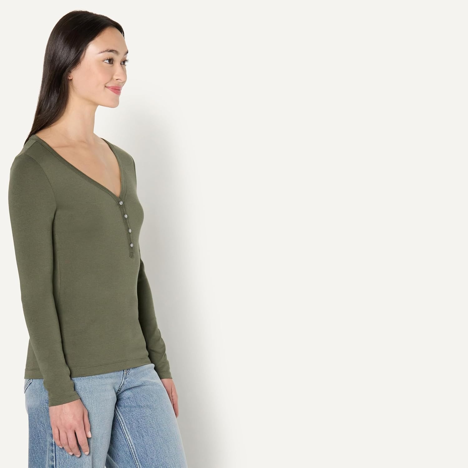 image:imageAmazon Essentials Womens Ribbed Knit Long Sleeve Henley Slim Fit TShirtOlive