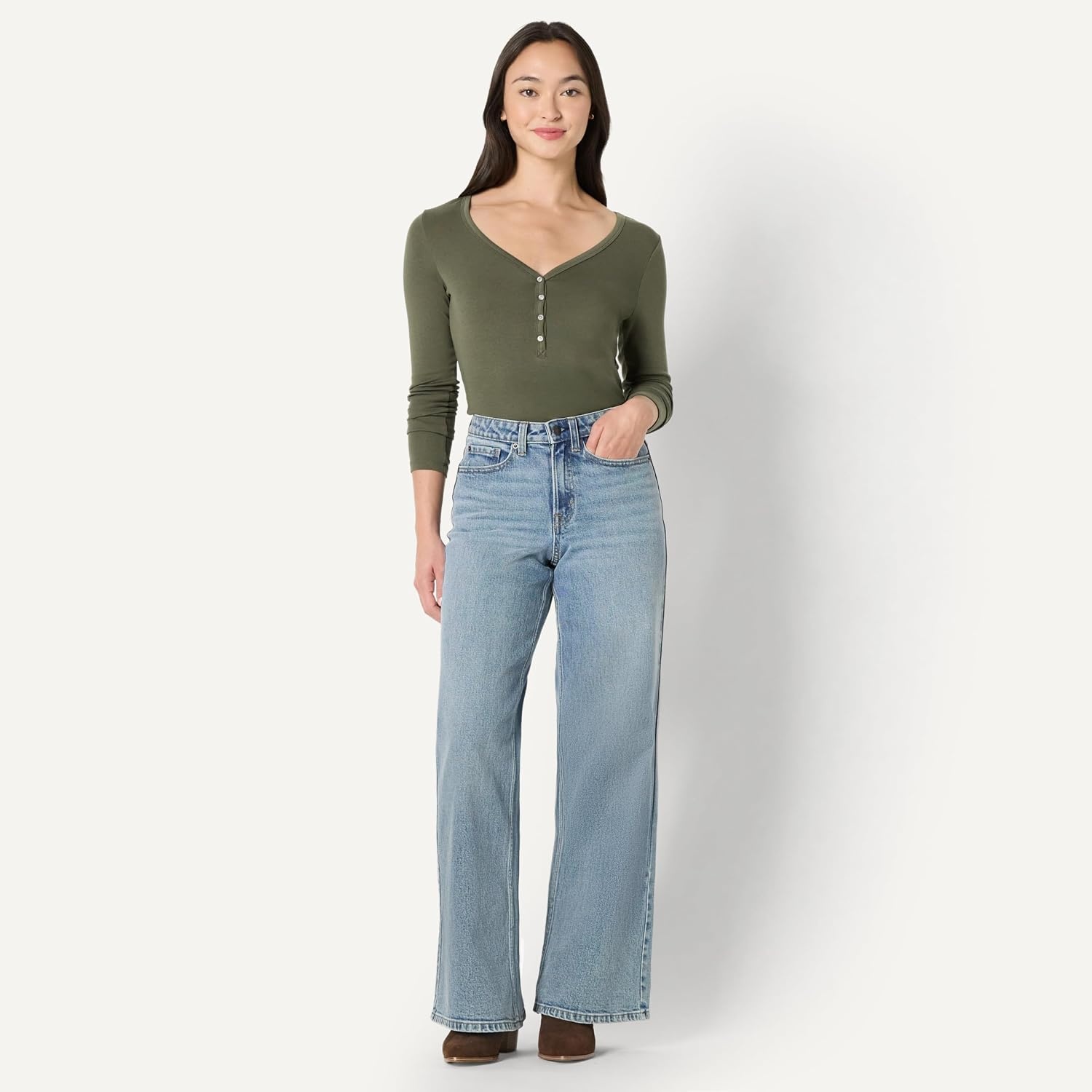 image:imageAmazon Essentials Womens Ribbed Knit Long Sleeve Henley Slim Fit TShirtOlive