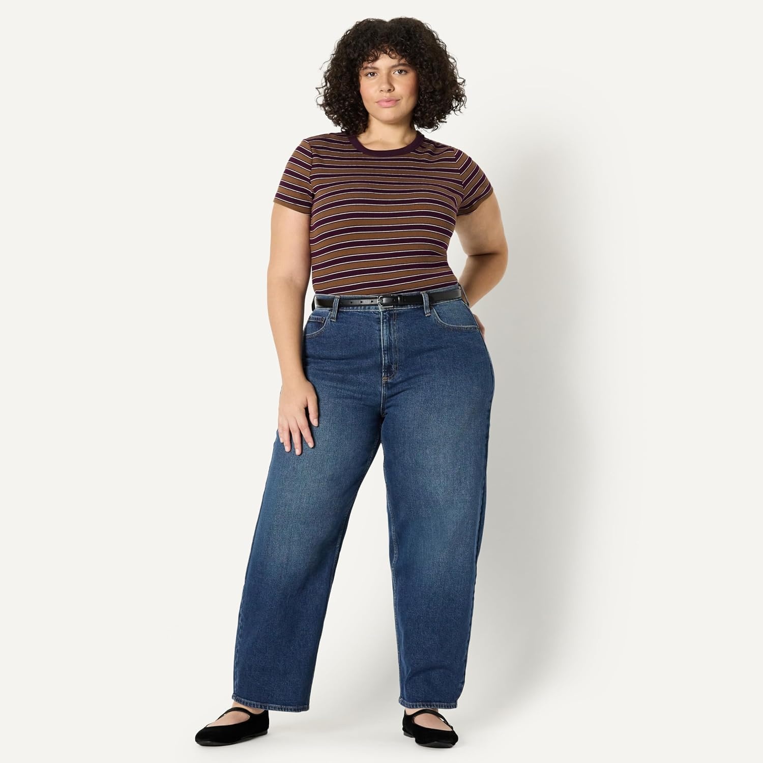 image:imageAmazon Essentials Womens SlimFit Stretch Rib Cap and Short Sleeve Crew Neckline TeeBurgundy Brown Stripe