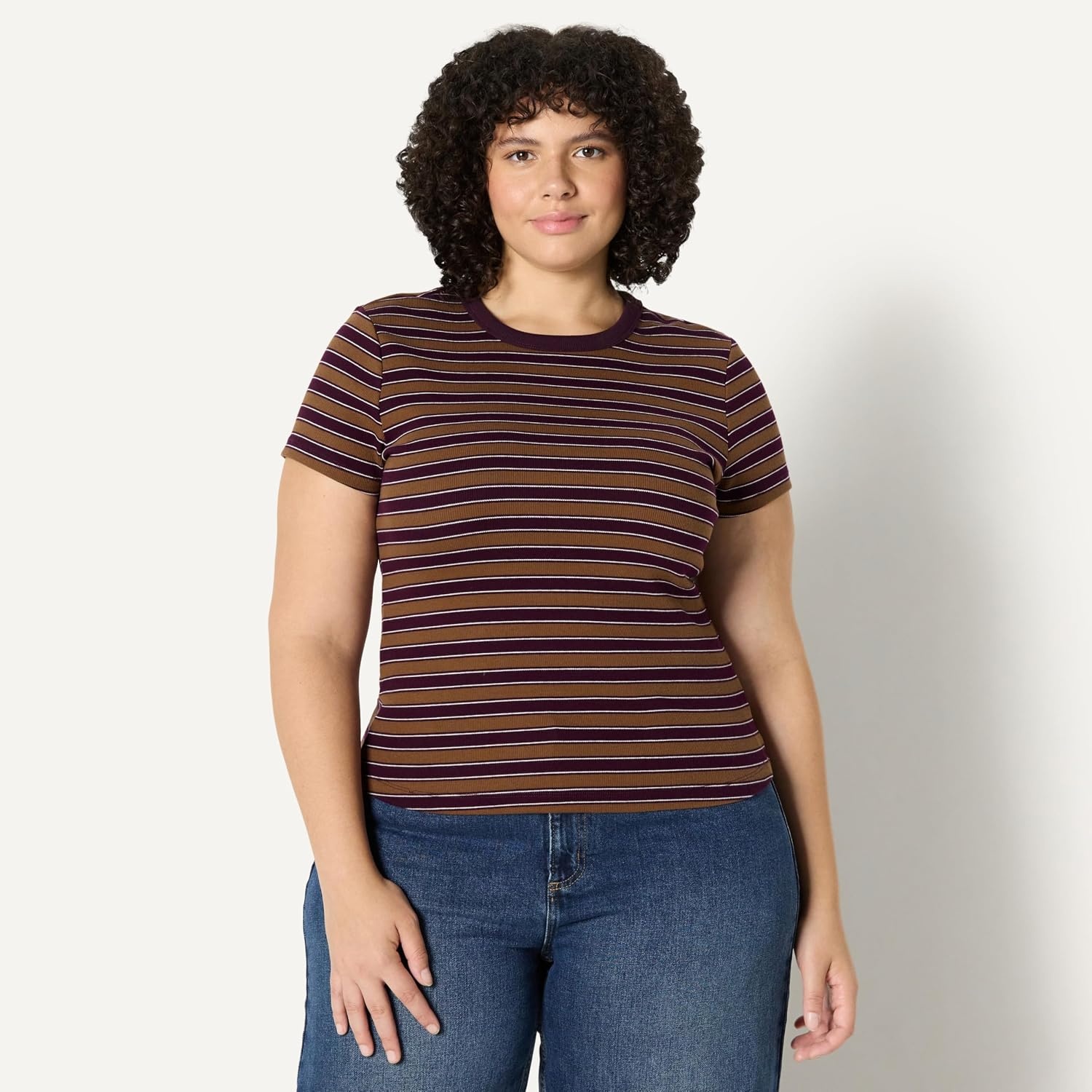 image:imageAmazon Essentials Womens SlimFit Stretch Rib Cap and Short Sleeve Crew Neckline TeeBurgundy Brown Stripe