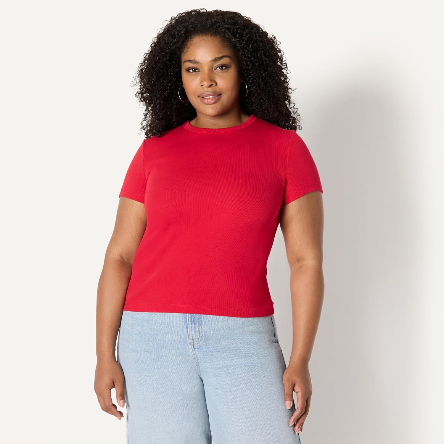 image:imageAmazon Essentials Womens SlimFit Stretch Rib Cap and Short Sleeve Crew Neckline TeeRed