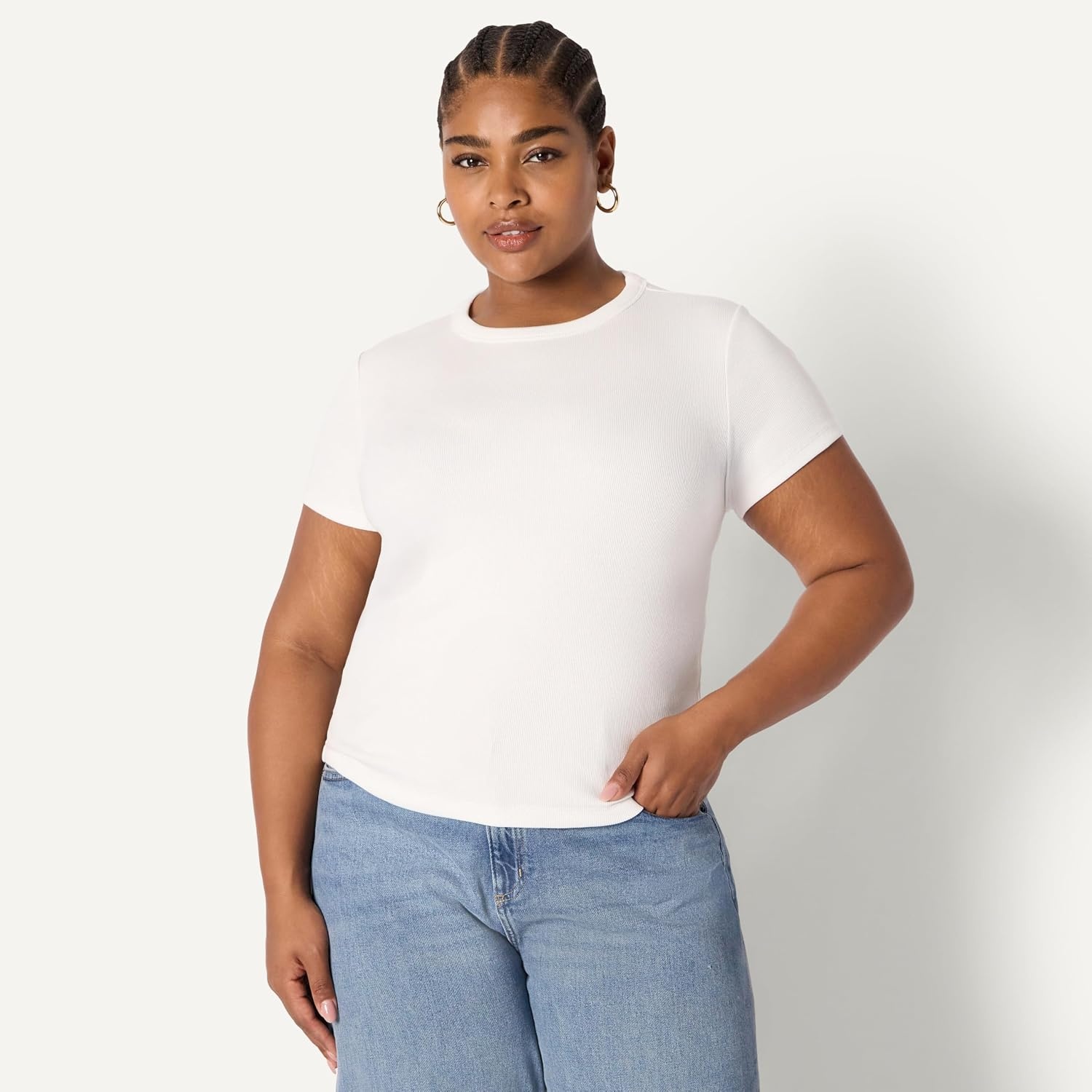 image:imageAmazon Essentials Womens SlimFit Stretch Rib Cap and Short Sleeve Crew Neckline TeeWhite