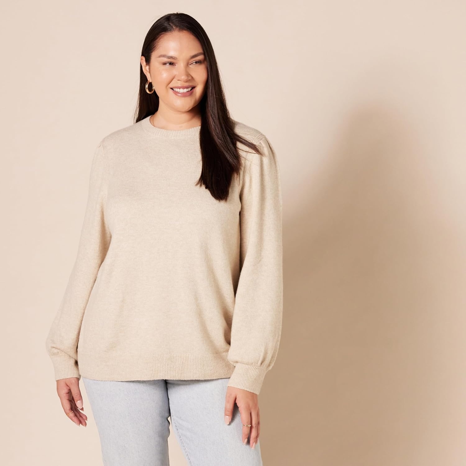 image:imageAmazon Essentials Womens Soft Touch Long Sleeve Pleated Shoulder Crewneck SweaterBeige