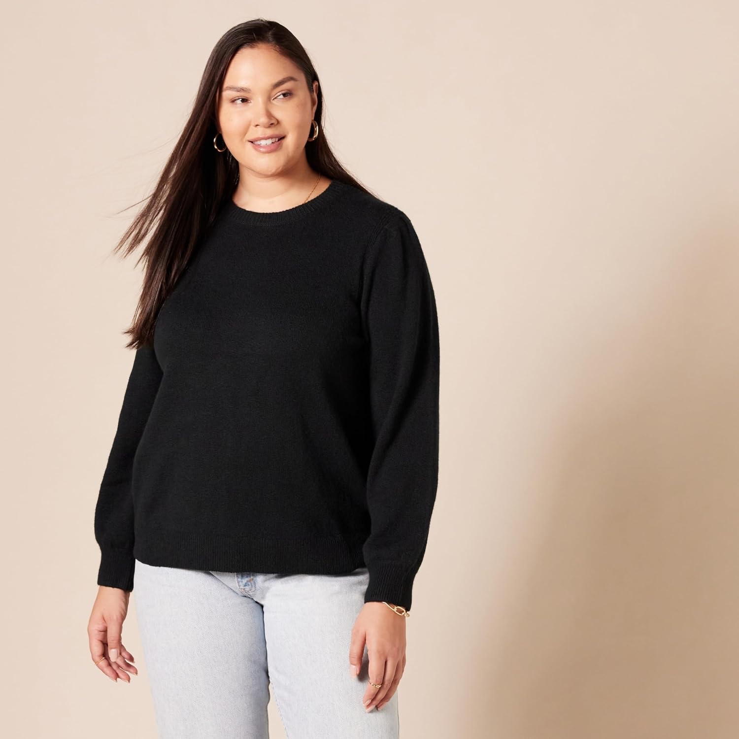 image:imageAmazon Essentials Womens Soft Touch Long Sleeve Pleated Shoulder Crewneck SweaterBlack
