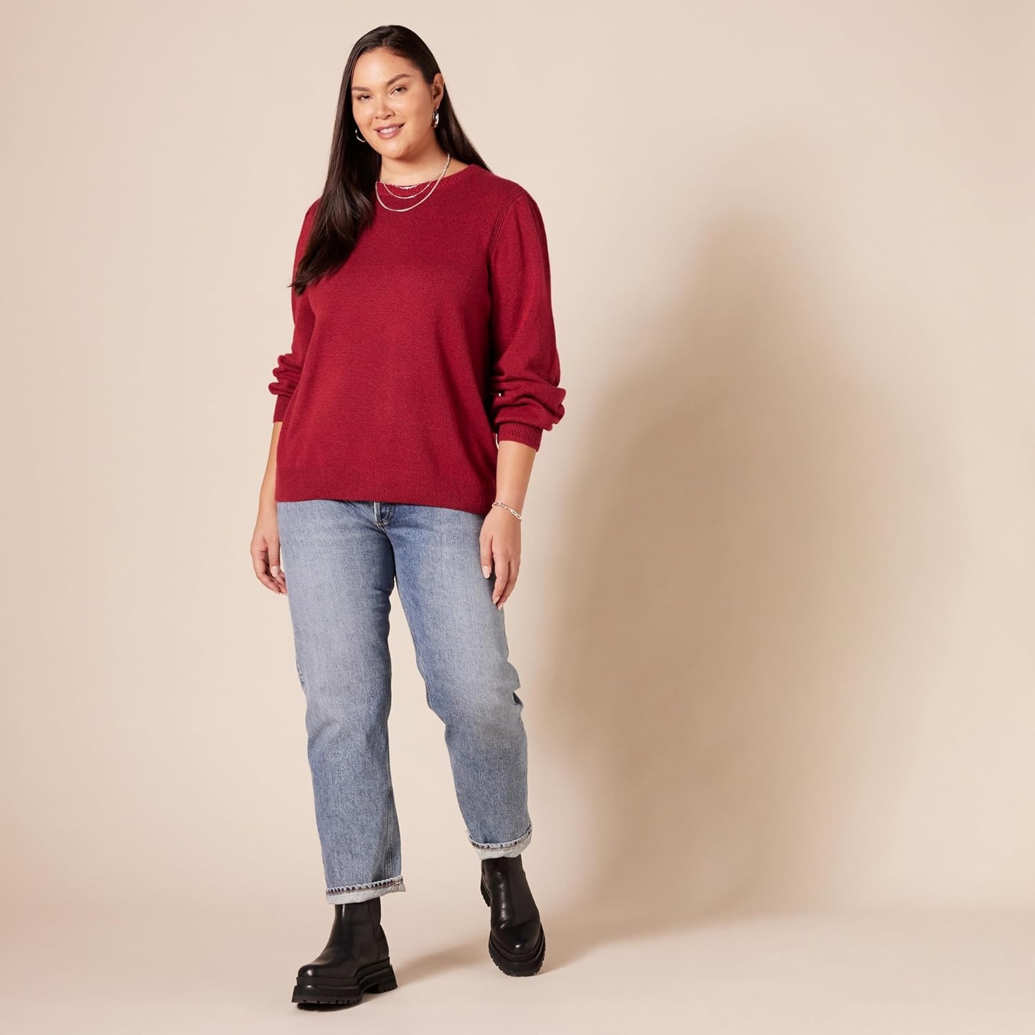 image:imageAmazon Essentials Womens Soft Touch Long Sleeve Pleated Shoulder Crewneck SweaterDark Red