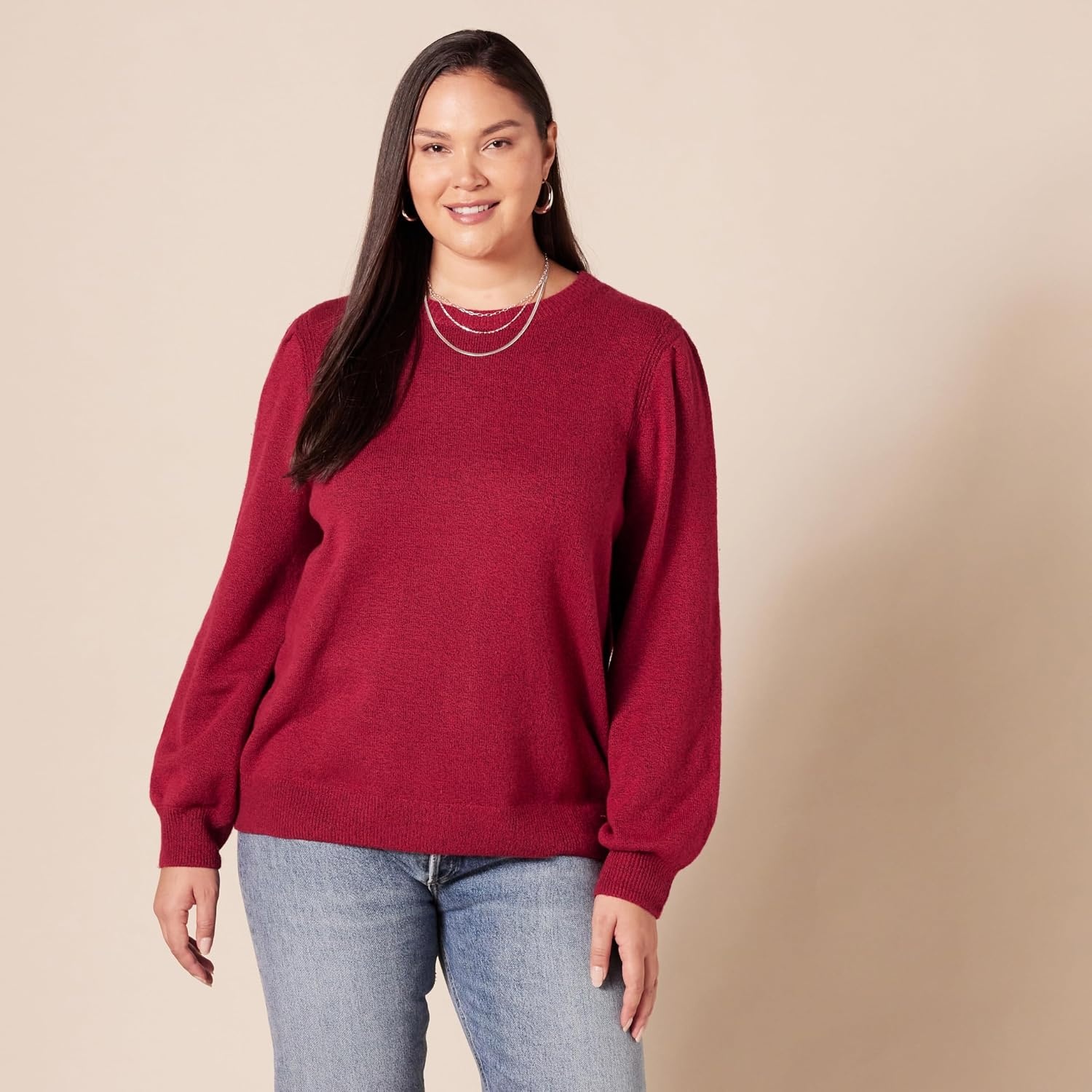 image:imageAmazon Essentials Womens Soft Touch Long Sleeve Pleated Shoulder Crewneck SweaterDark Red